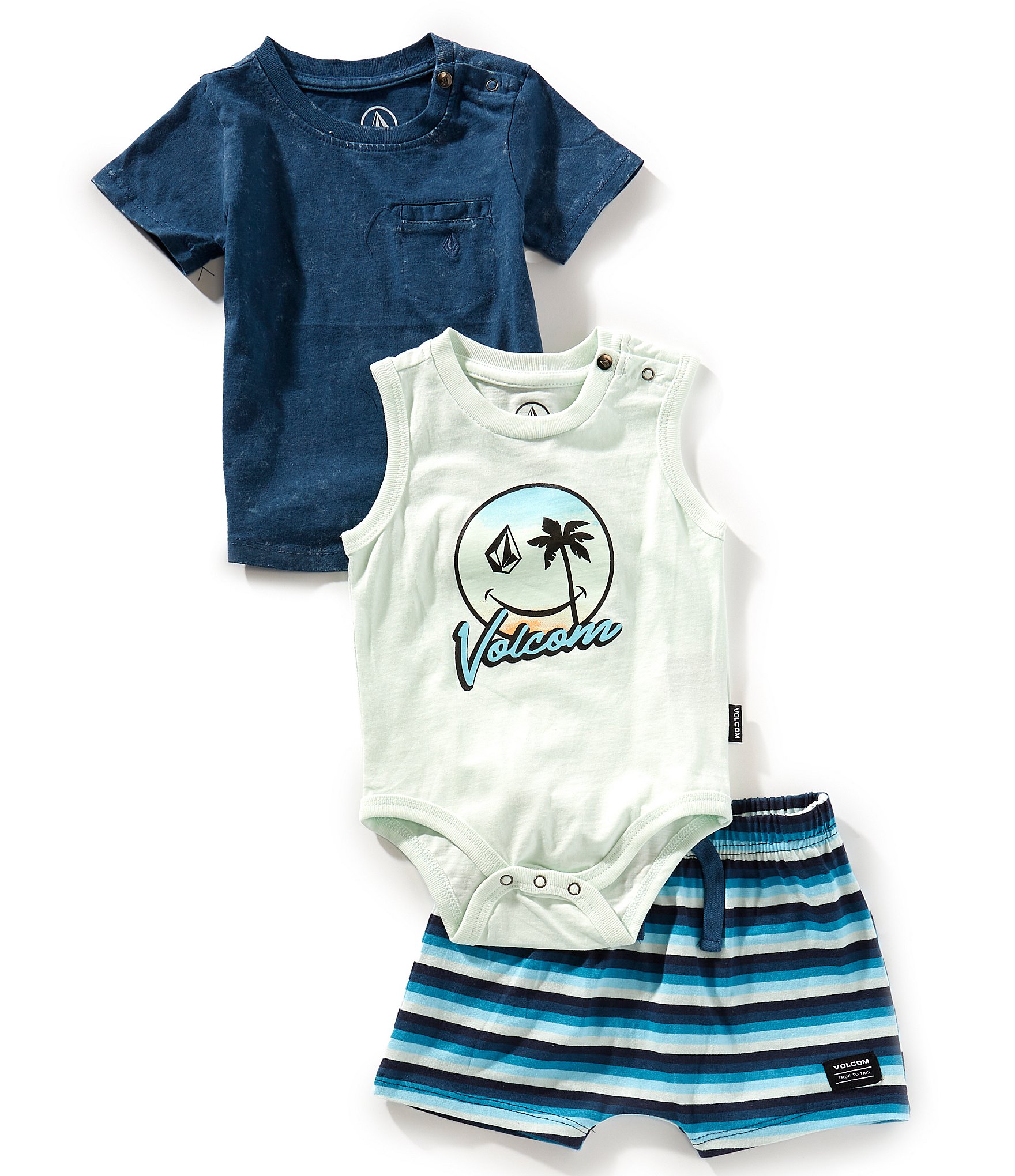 Volcom Baby Boys Jersey Bodysuit, T-Shirt, and Stripe Shorts 3-Piece Set With Matching Hat