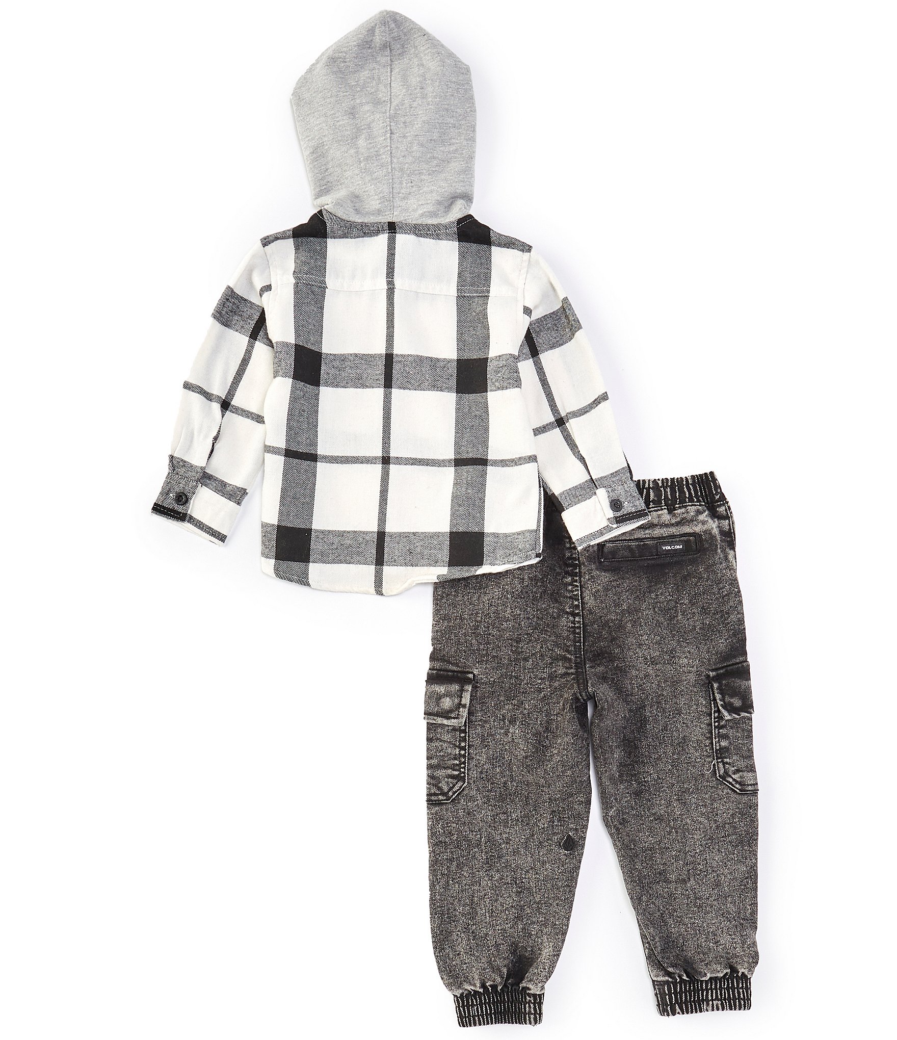 Volcom Baby Boys 12-24 Months Long Sleeve Plaid Brushed Flannel Hooded Jacket & Denim Jogger Pant Set