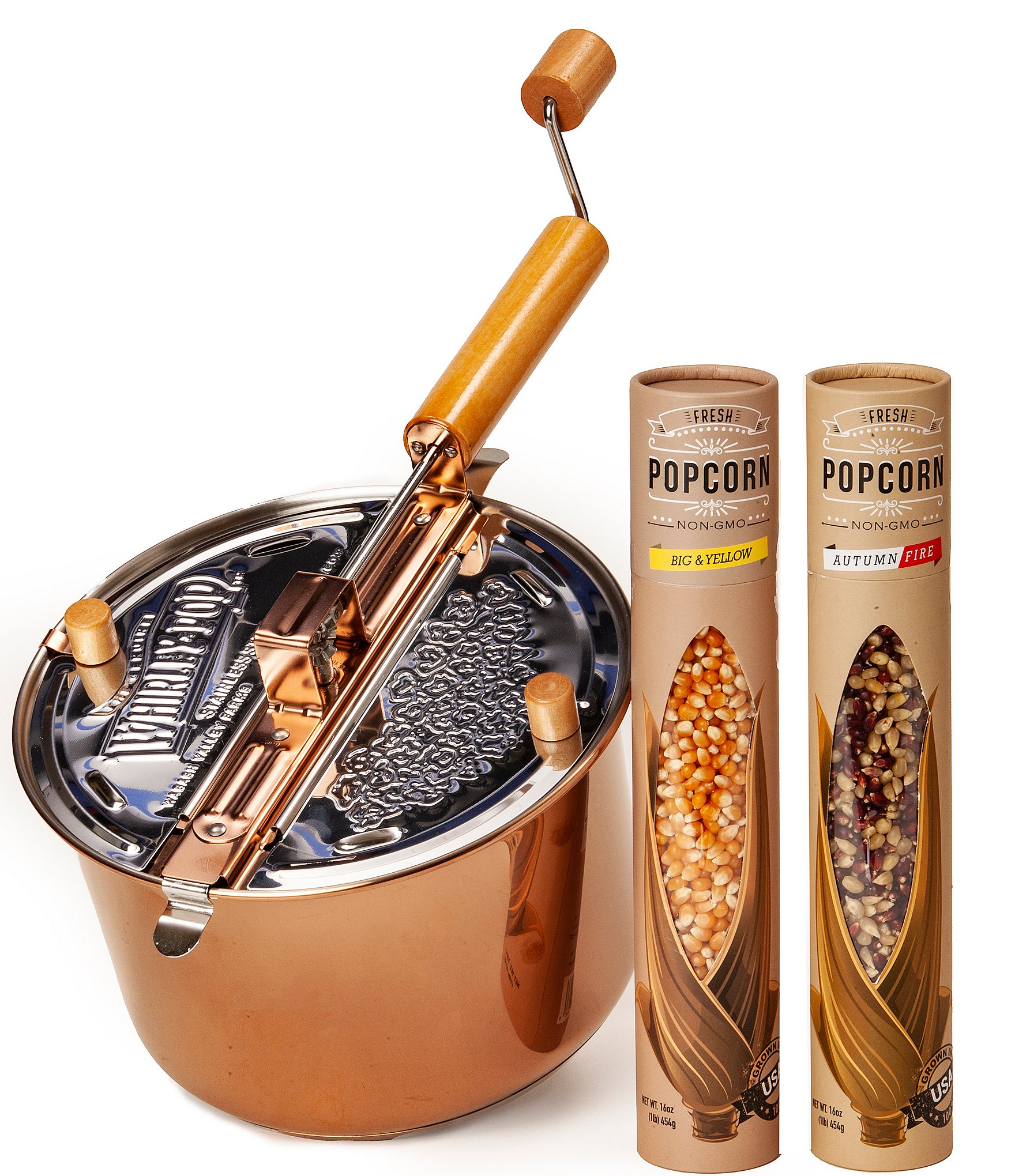 Wabash Valley Farms Copper Plated Stainless Steel Whirley Pop Popcorn Maker and Cello Popcorn Gift Set