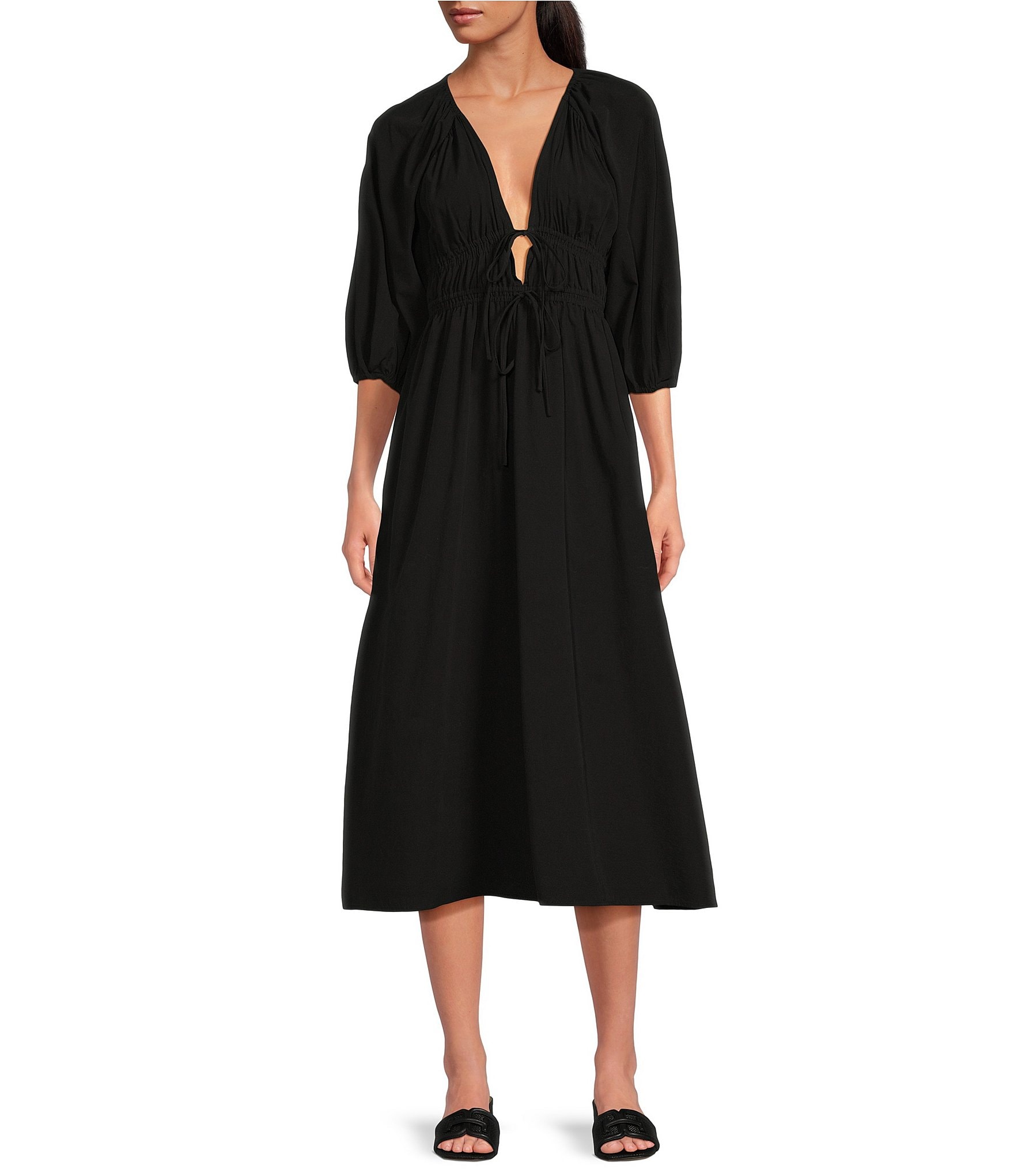 WAYF Angela V Neck Long Sleeve Ruched Midi Dress | Dillard's