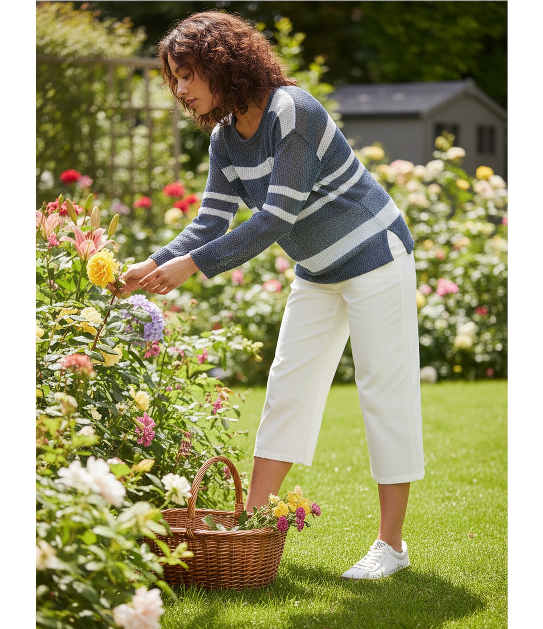 Westbound 3/4 Sleeve Crochet Crew Neck Ribbed Top