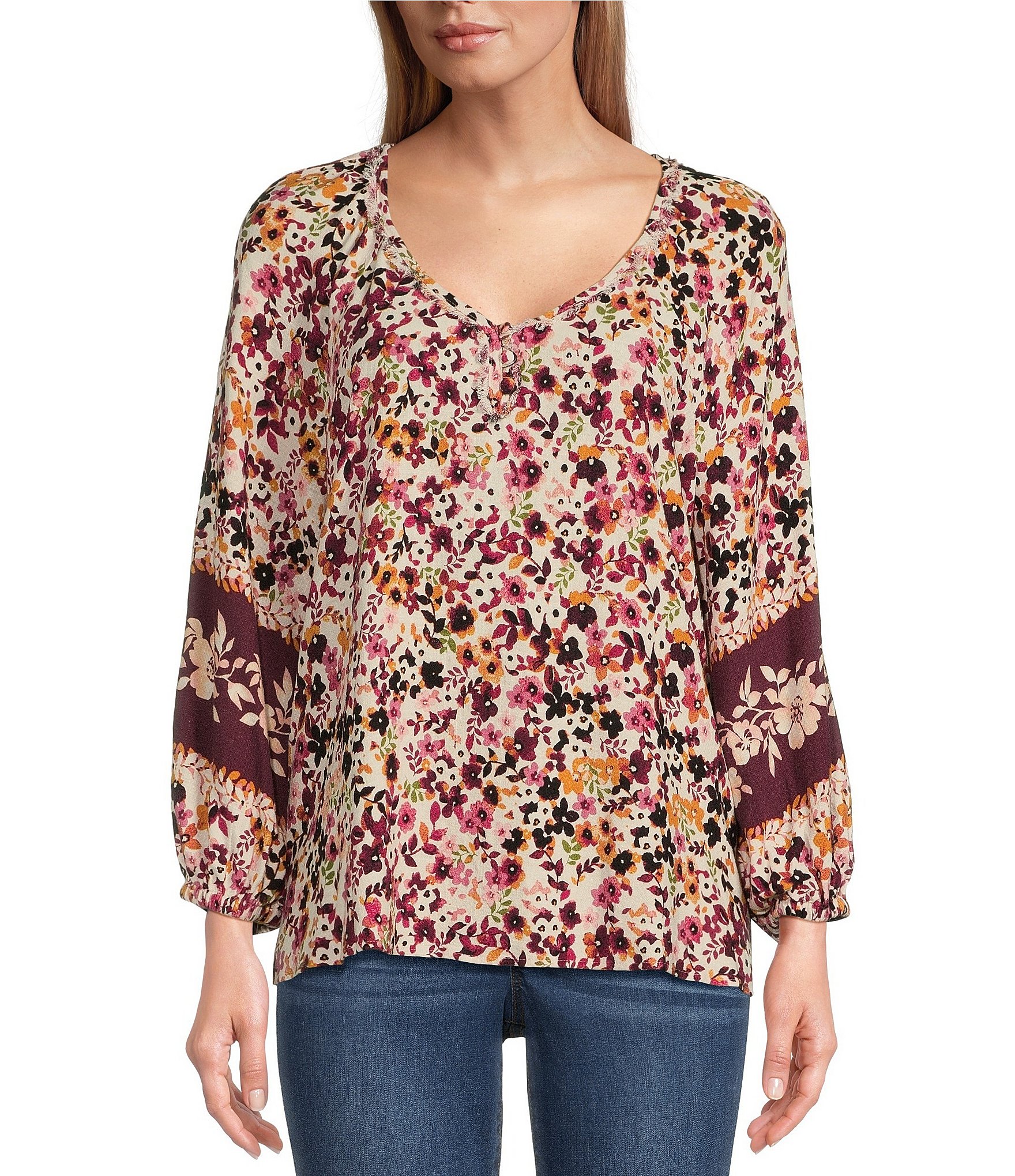 Westbound 3/4 Sleeve Daisey Print Partial Button Front Pullover Blouse ...
