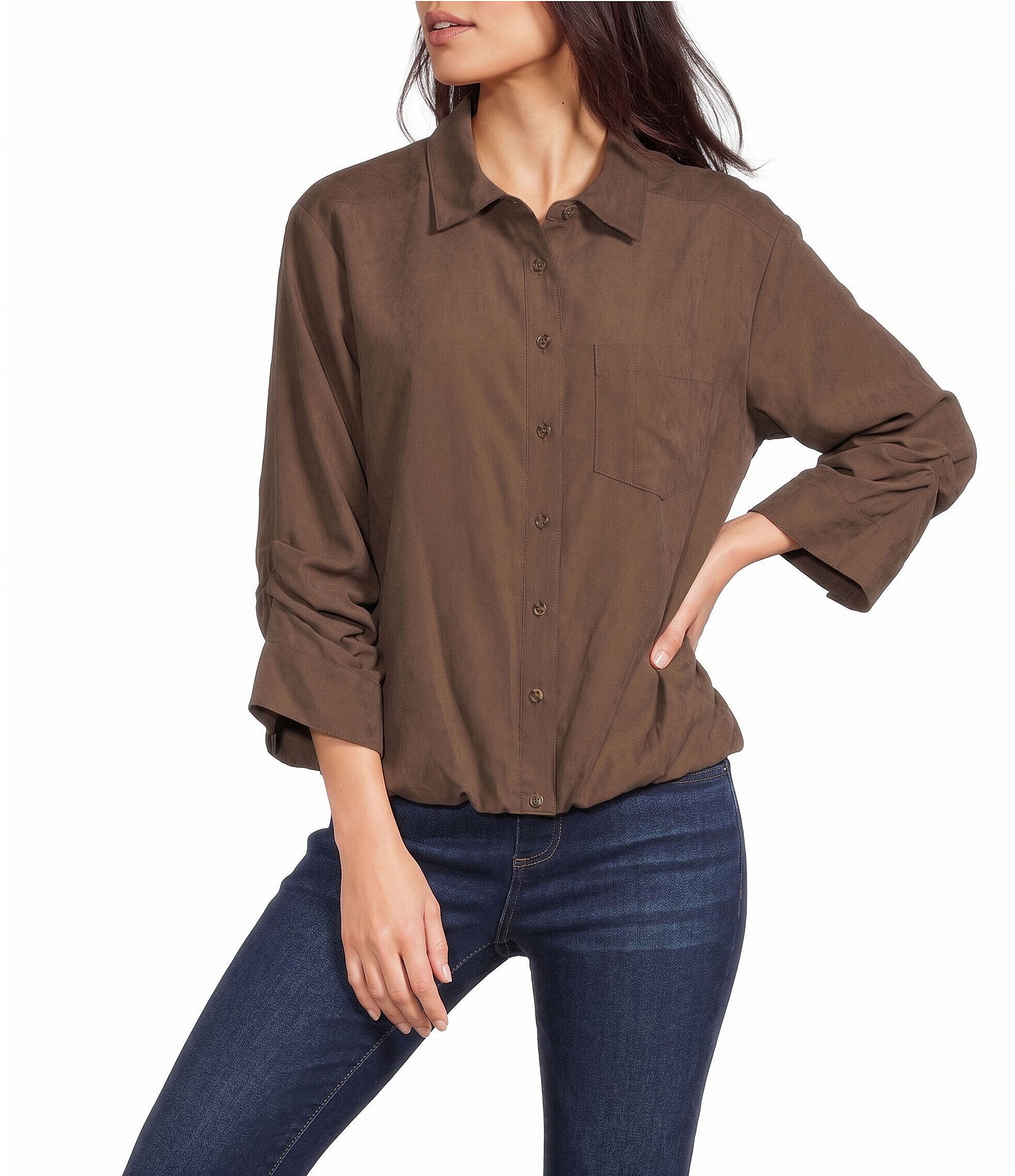 Westbound 3/4 Sleeve Rolled Sleeve Button Front Top