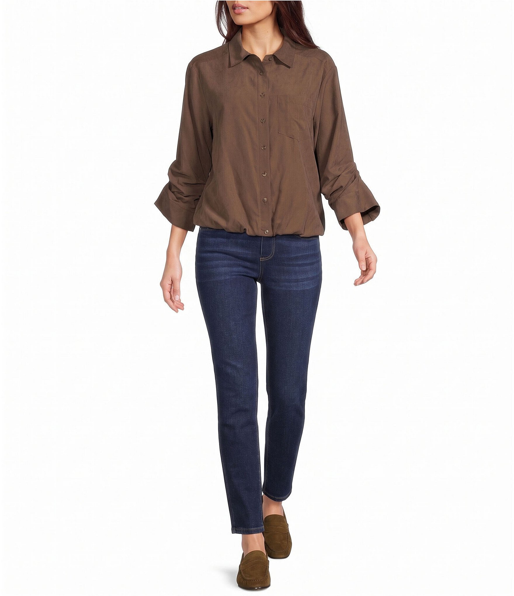 Westbound 3/4 Sleeve Rolled Sleeve Button Front Top