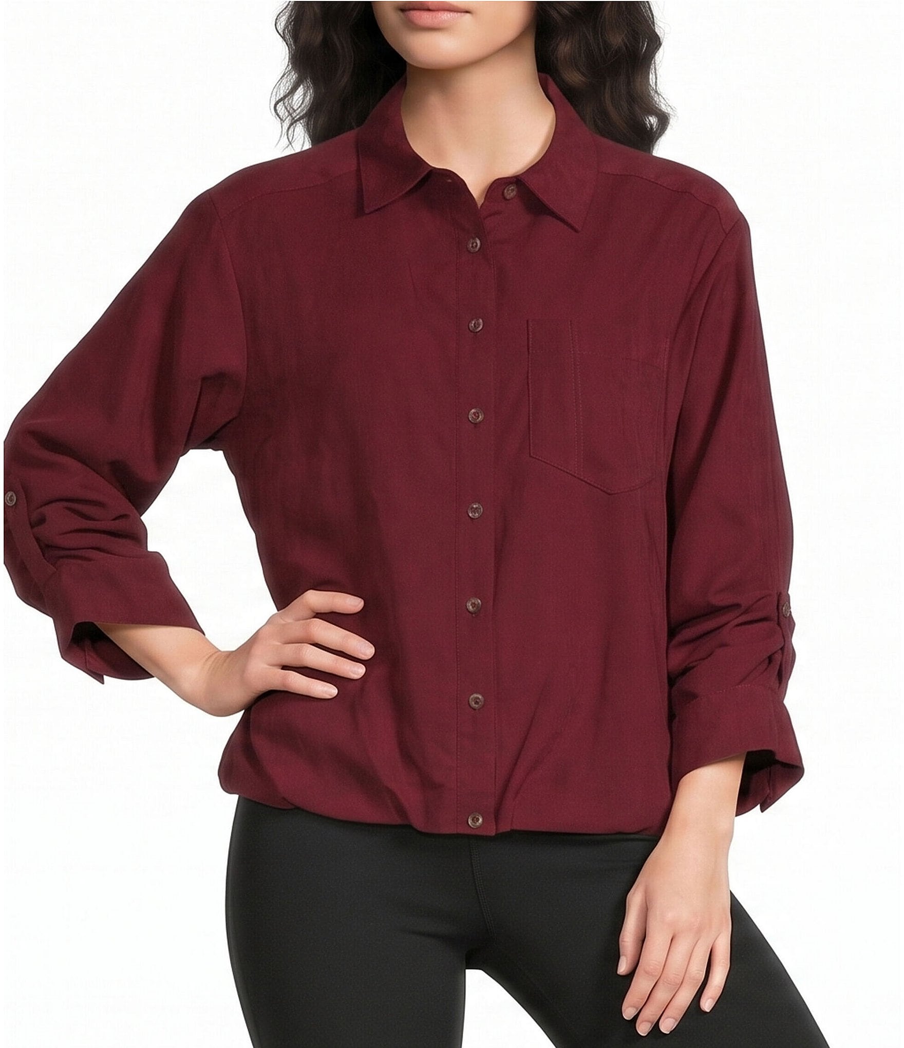 Westbound 3/4 Sleeve Rolled Sleeve Button Front Top