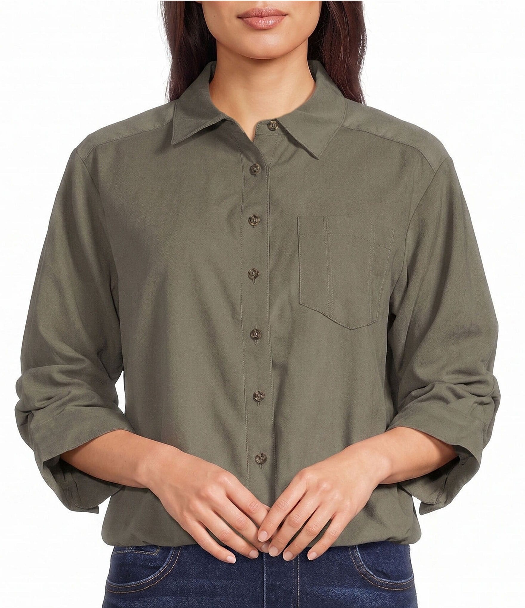 Westbound 3/4 Sleeve Rolled Sleeve Button Front Top