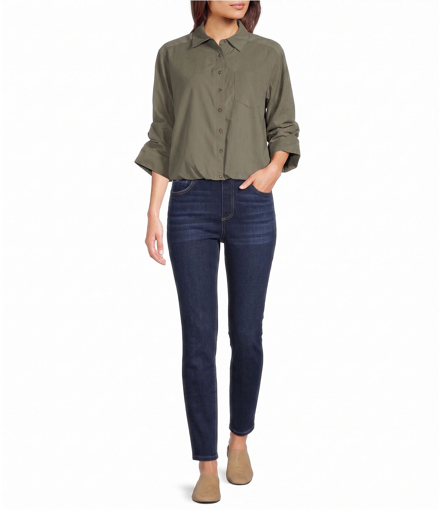 Westbound 3/4 Sleeve Rolled Sleeve Button Front Top