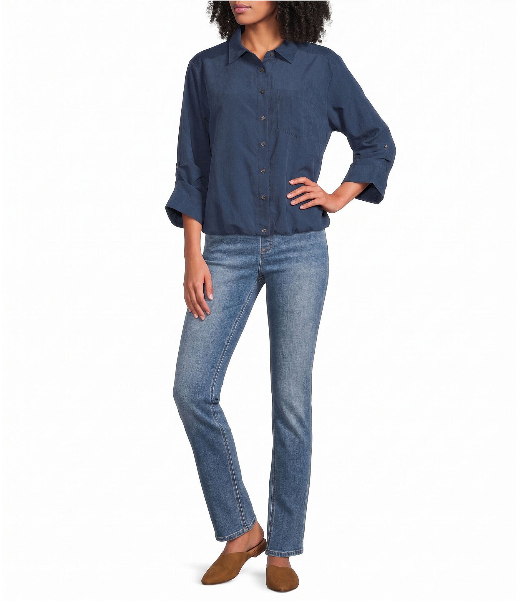 Westbound 3/4 Sleeve Rolled Sleeve Button Front Top