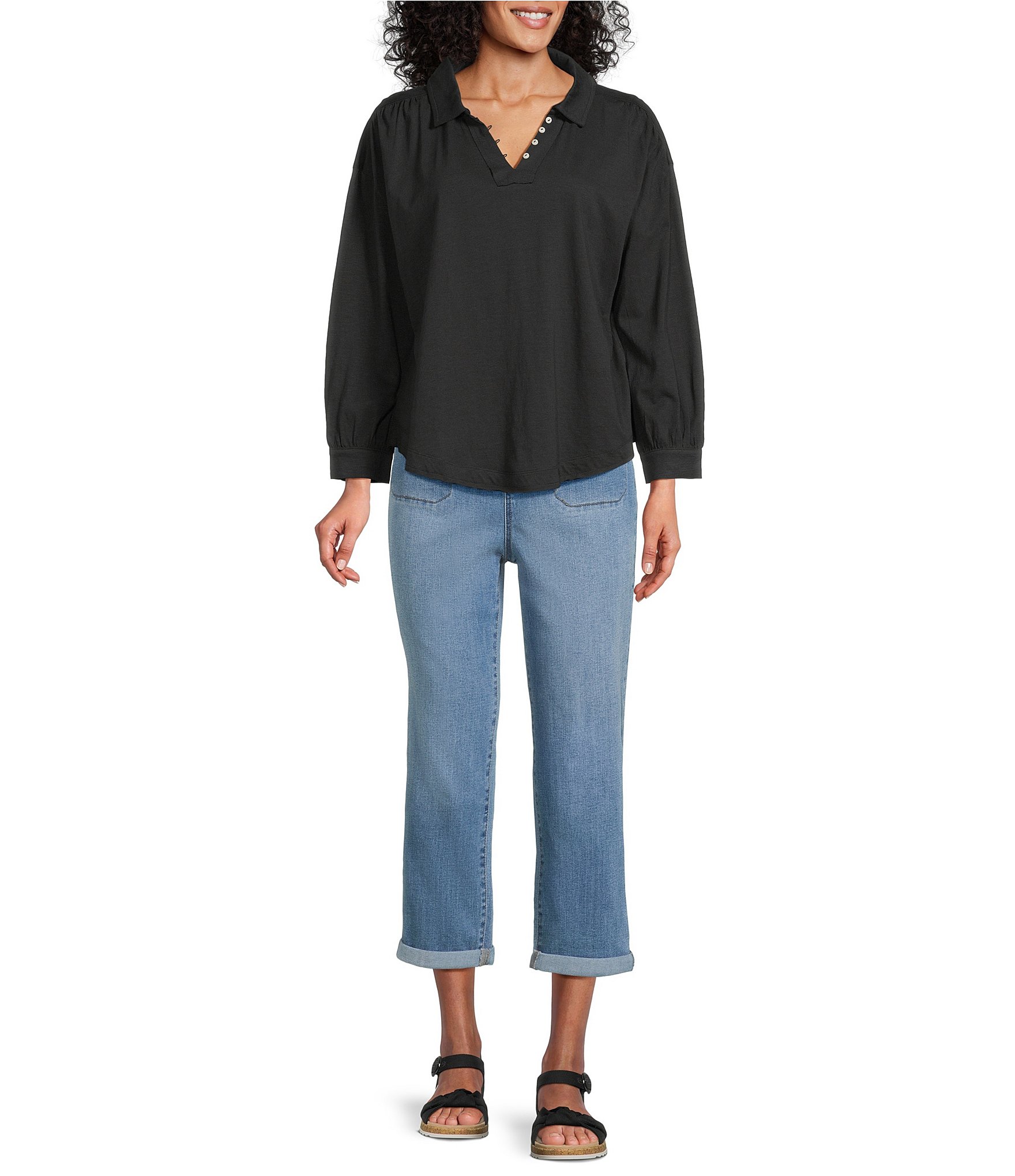Westbound 3/4 Sleeve V Neck Collared Slub Knit Top