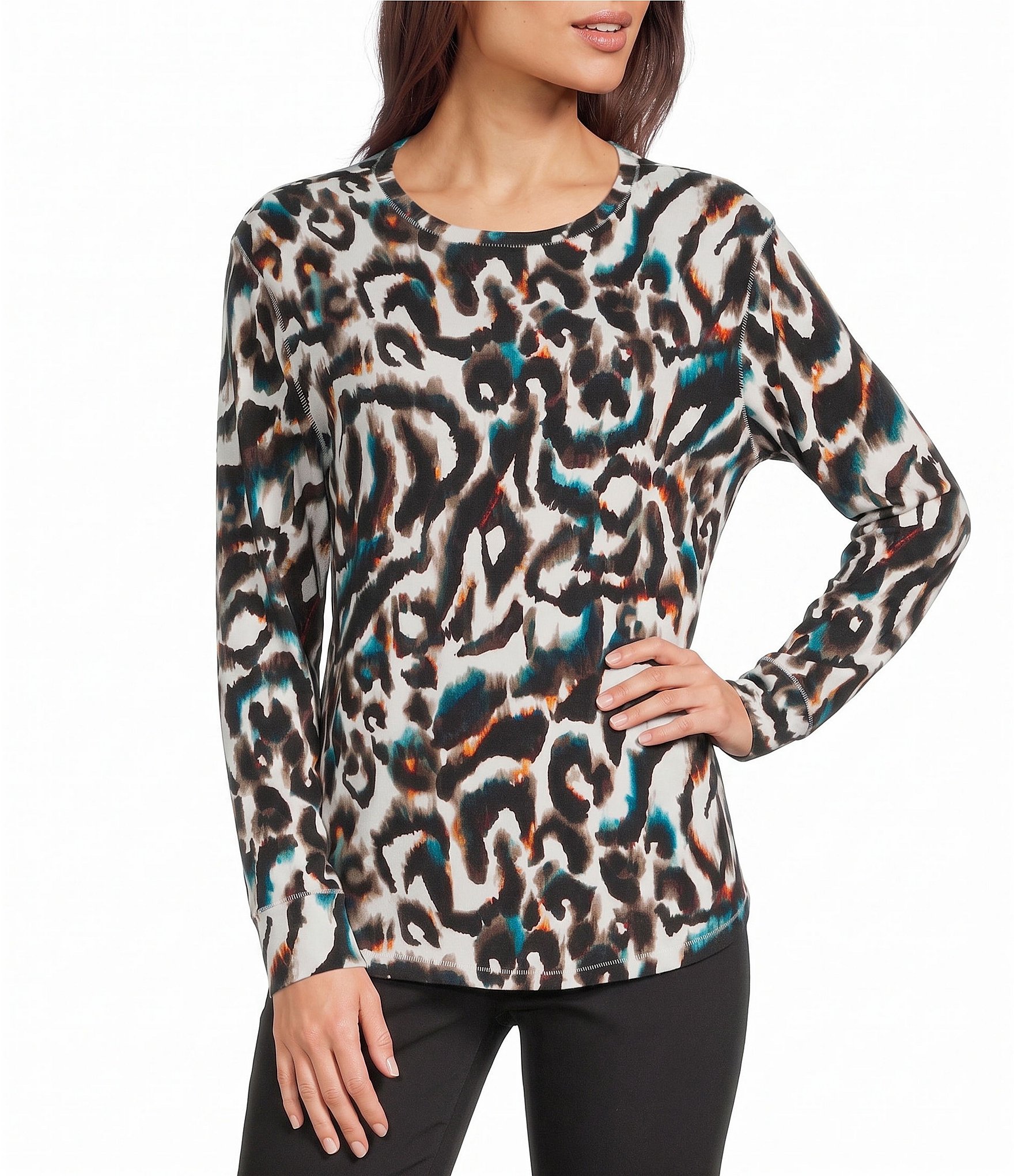 Westbound Abstract Animal Print Long Sleeve Crew Neck Knit Tee