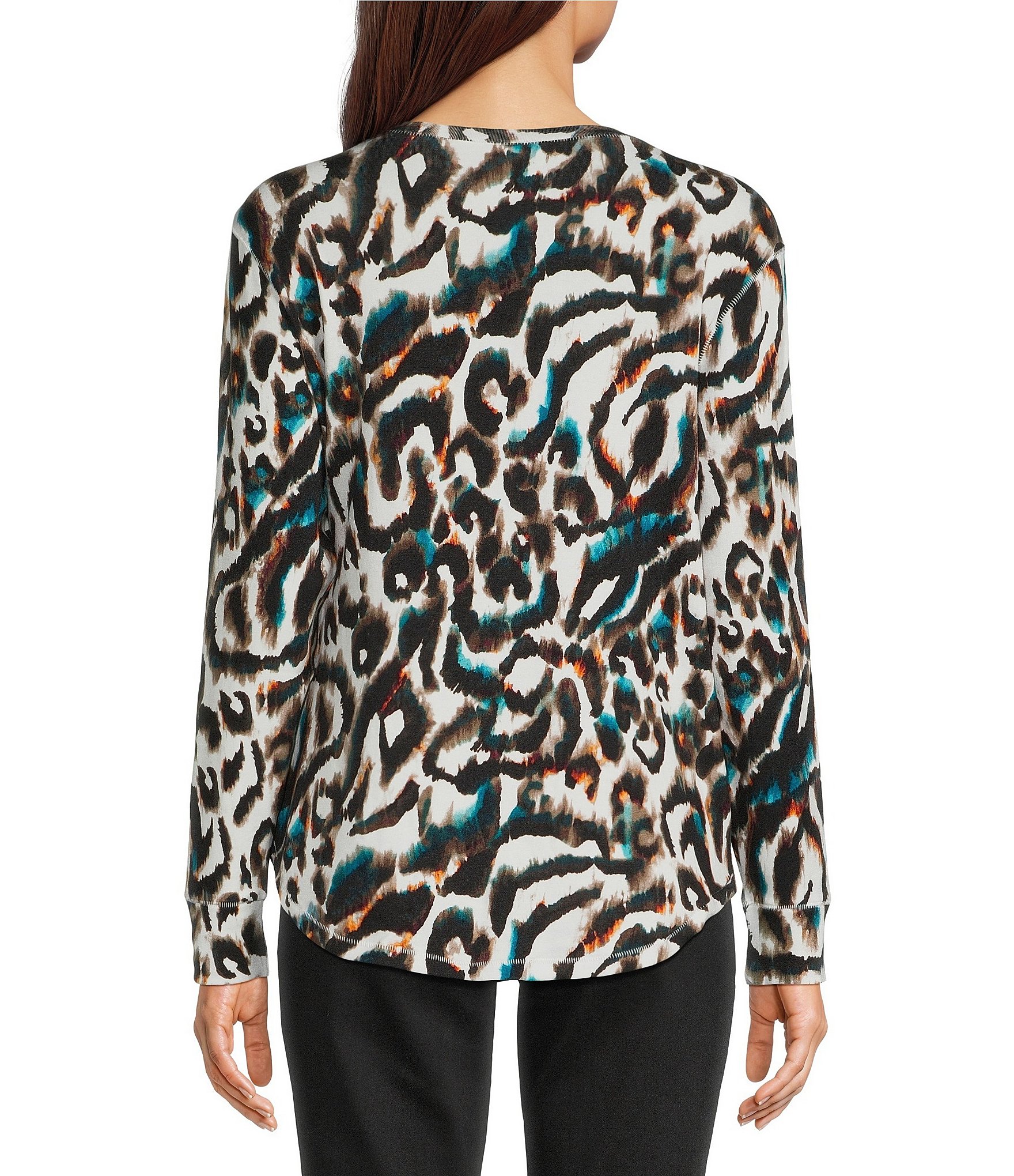 Westbound Abstract Animal Print Long Sleeve Crew Neck Knit Tee