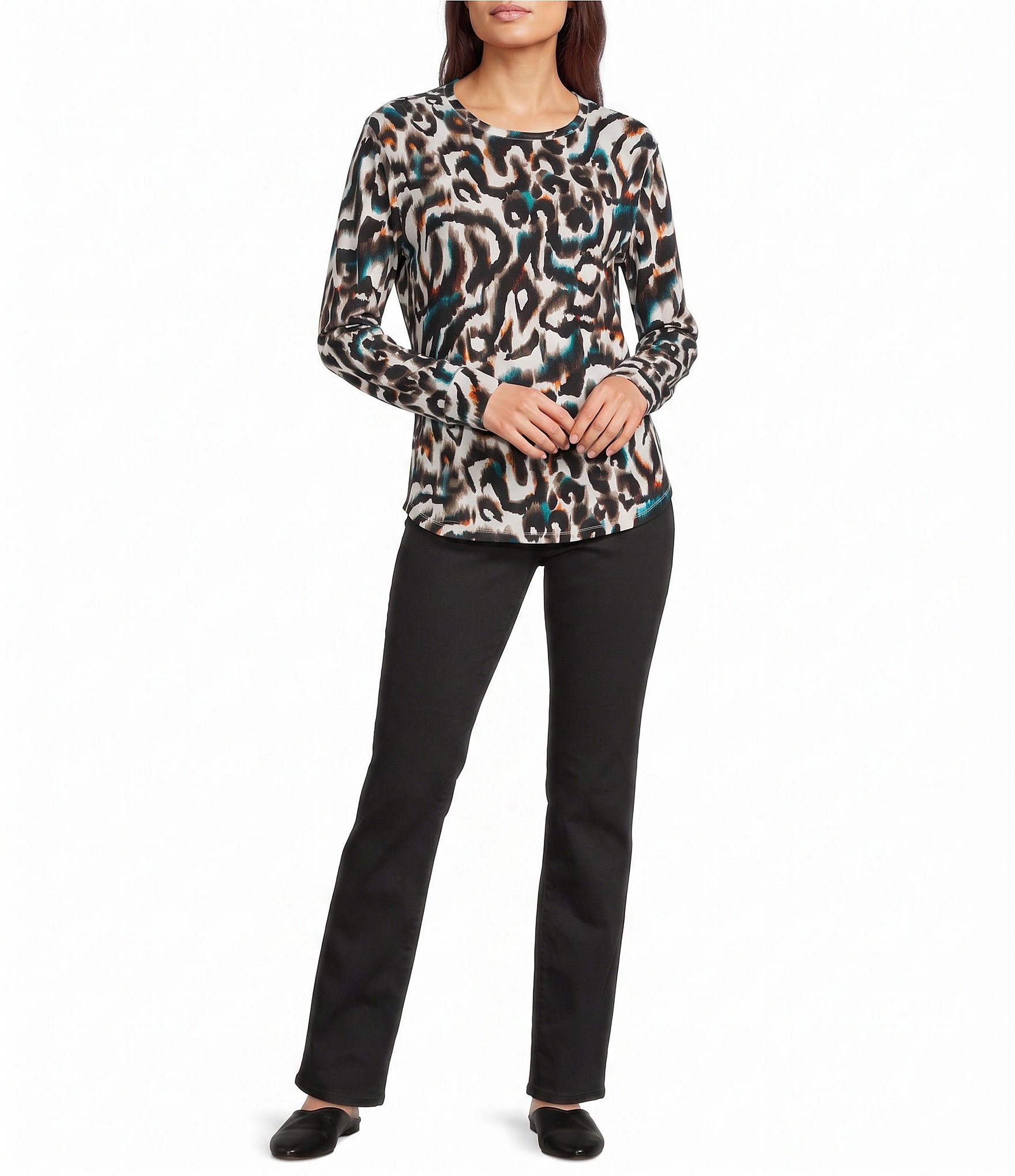 Westbound Abstract Animal Print Long Sleeve Crew Neck Knit Tee