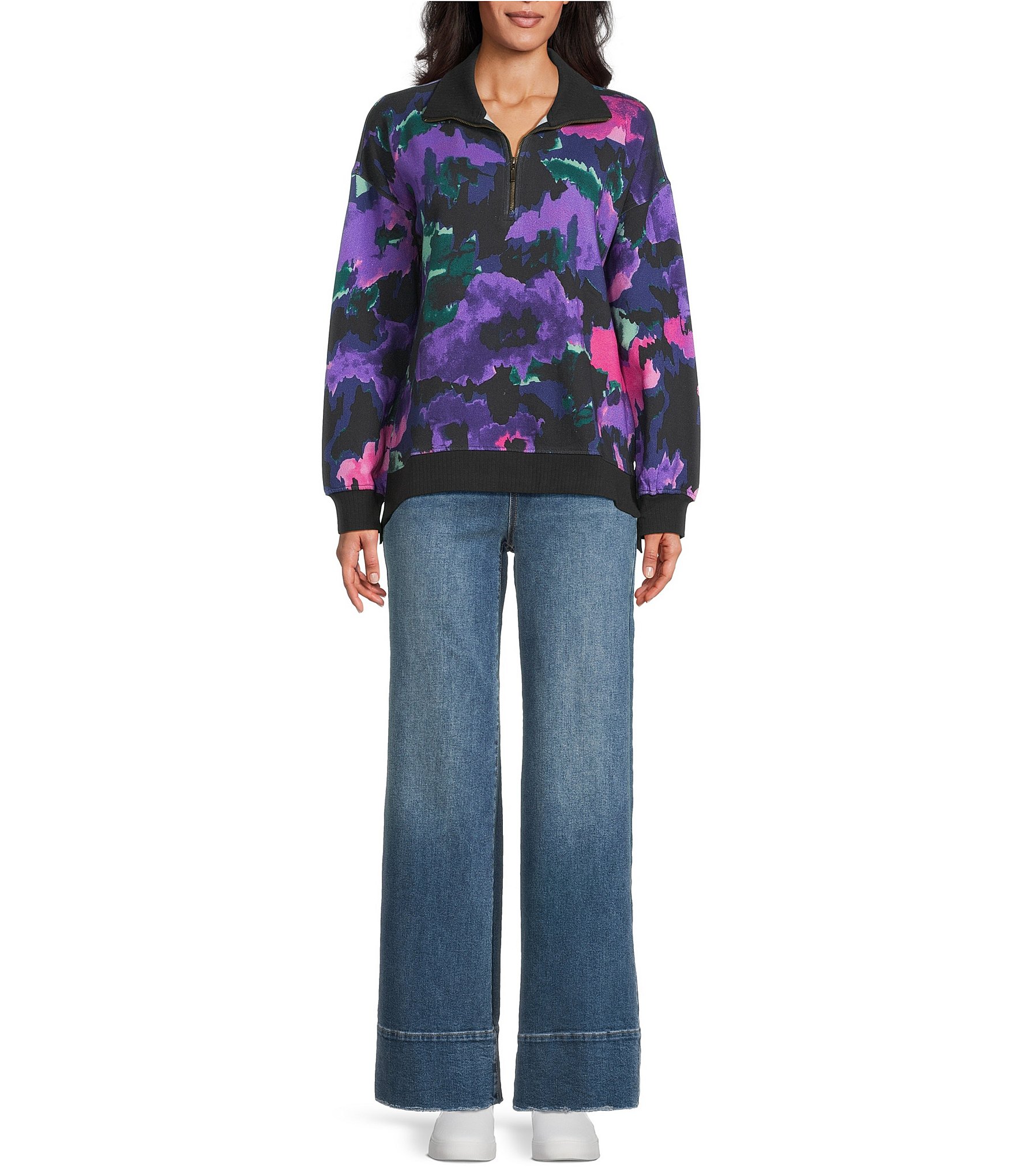 Westbound Acai Brush Floral Long Sleeve Quarter Zip Pullover