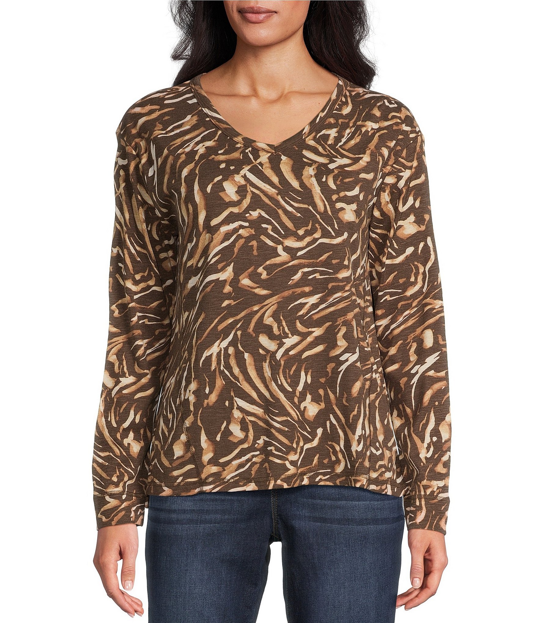 Westbound Animal Print Knit Long Sleeve V-Neck Top | Dillard's