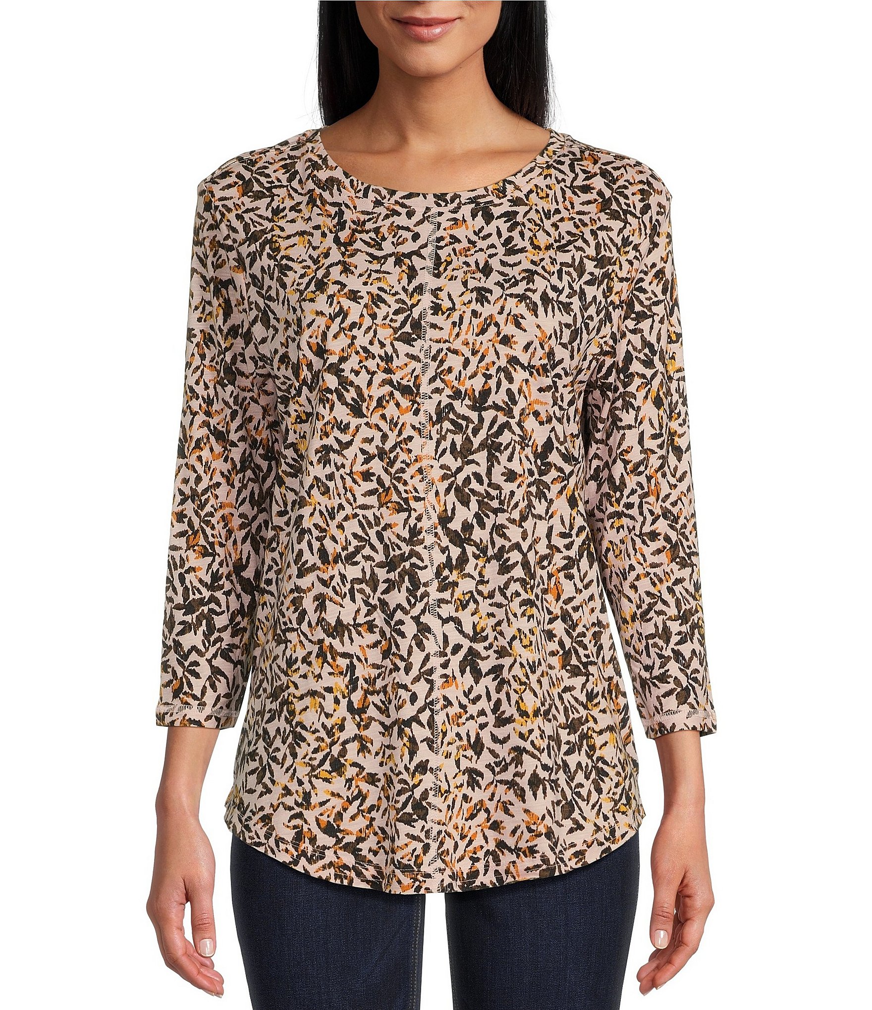 Westbound Autumn Leaves Print 3/4 Sleeve Knit Crew Neck Top | Dillard's