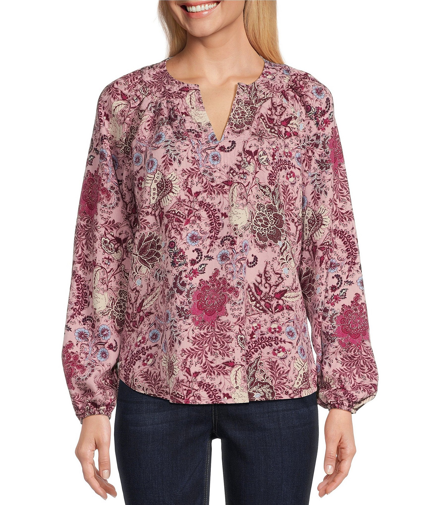 Westbound Batik Mauve Print Long Sleeve V-Neck Embroidered Top | Dillard's