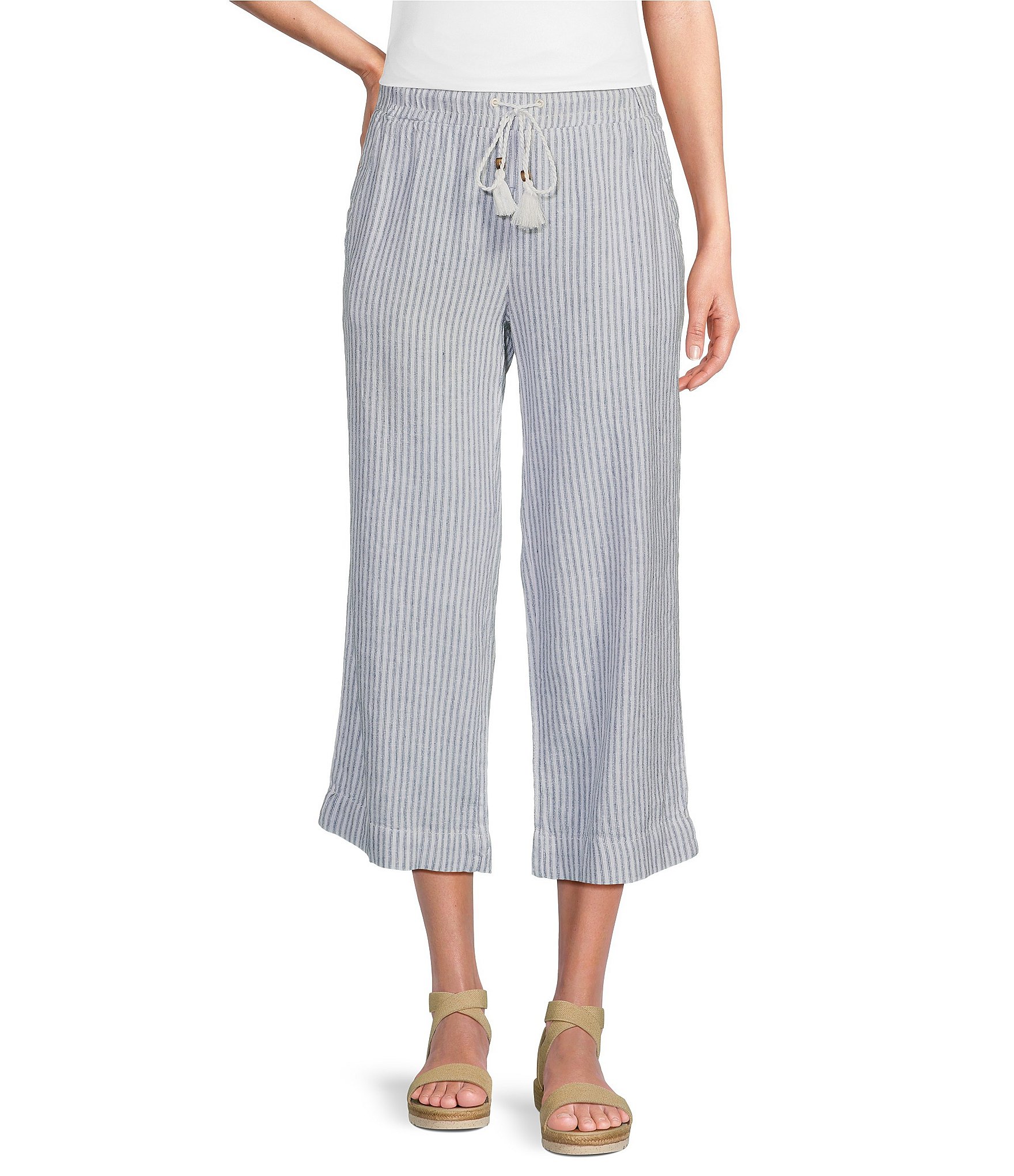 Westbound Blue White Stripe Crop Linen Blend Pants