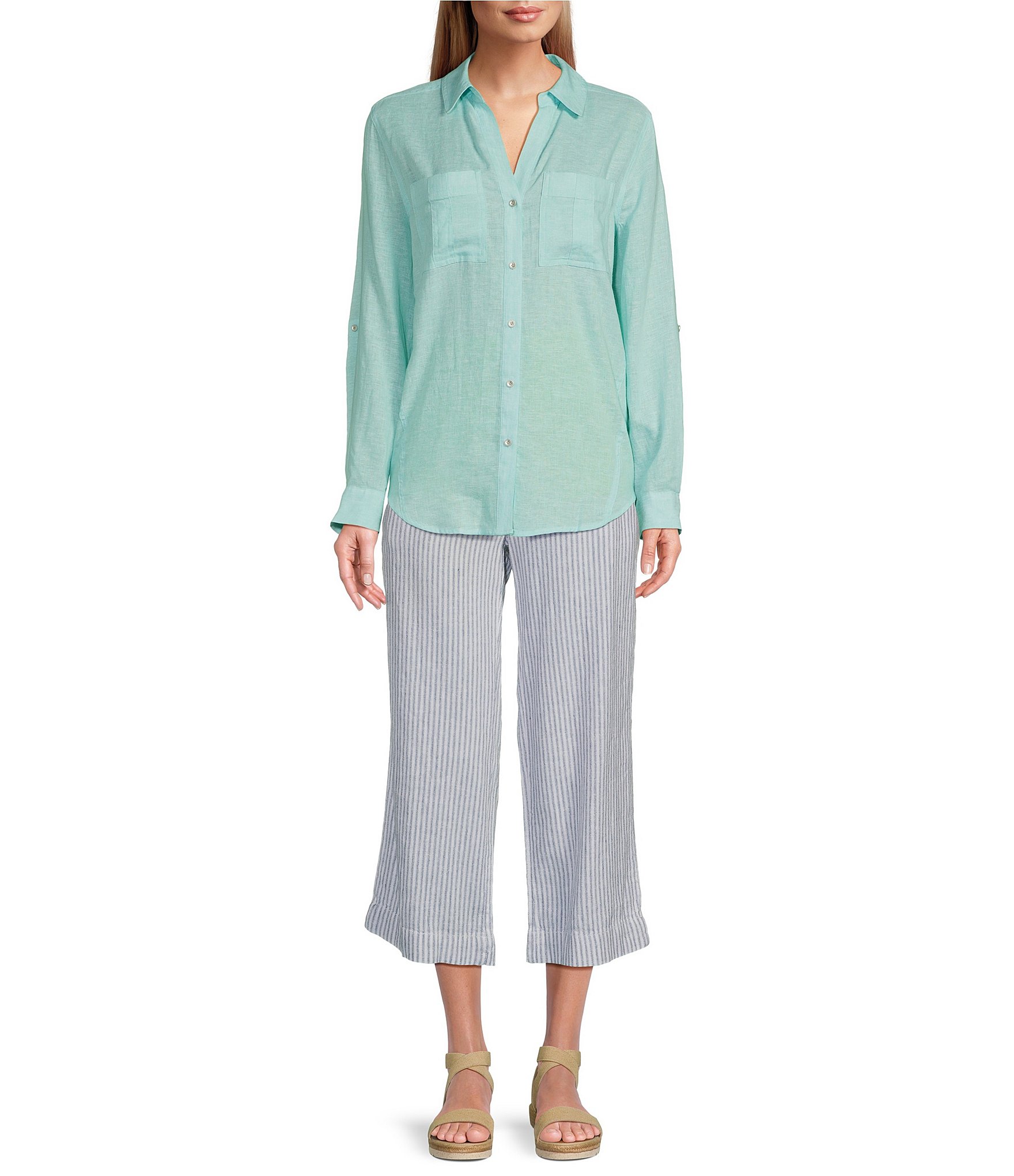 Westbound Blue White Stripe Crop Linen Blend Pants
