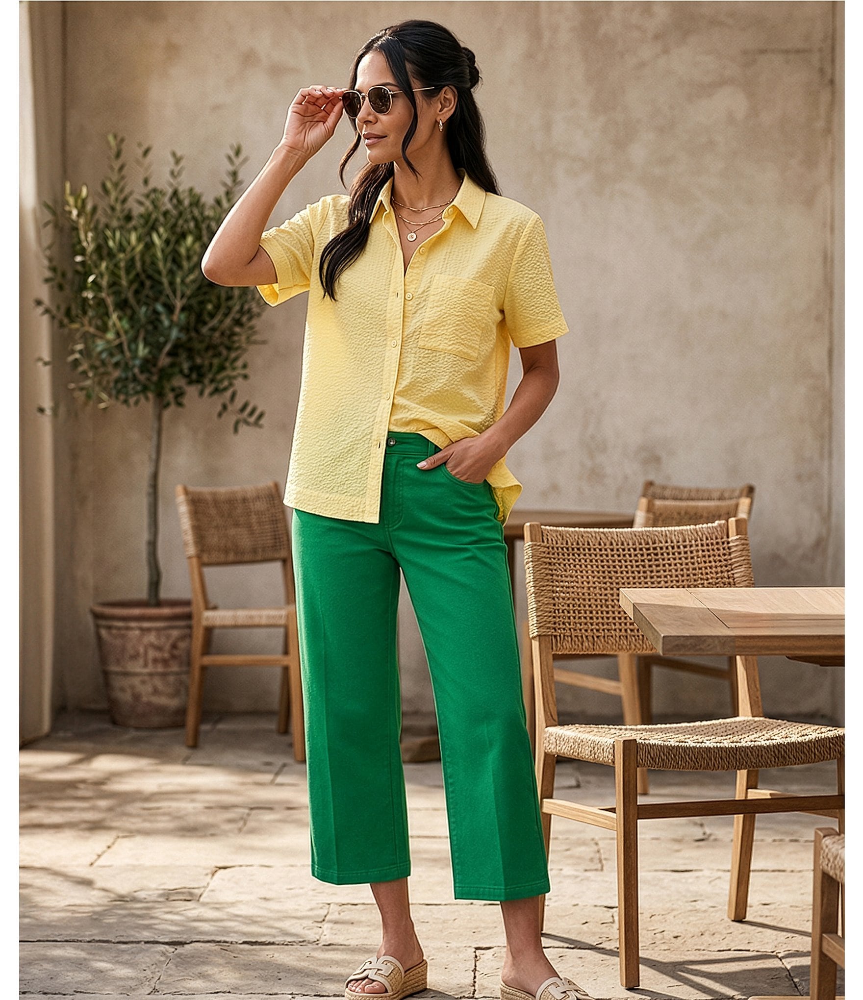 Westbound Perfect Outfit Picks Button Front Y-Neck Short Sleeve Camp Top