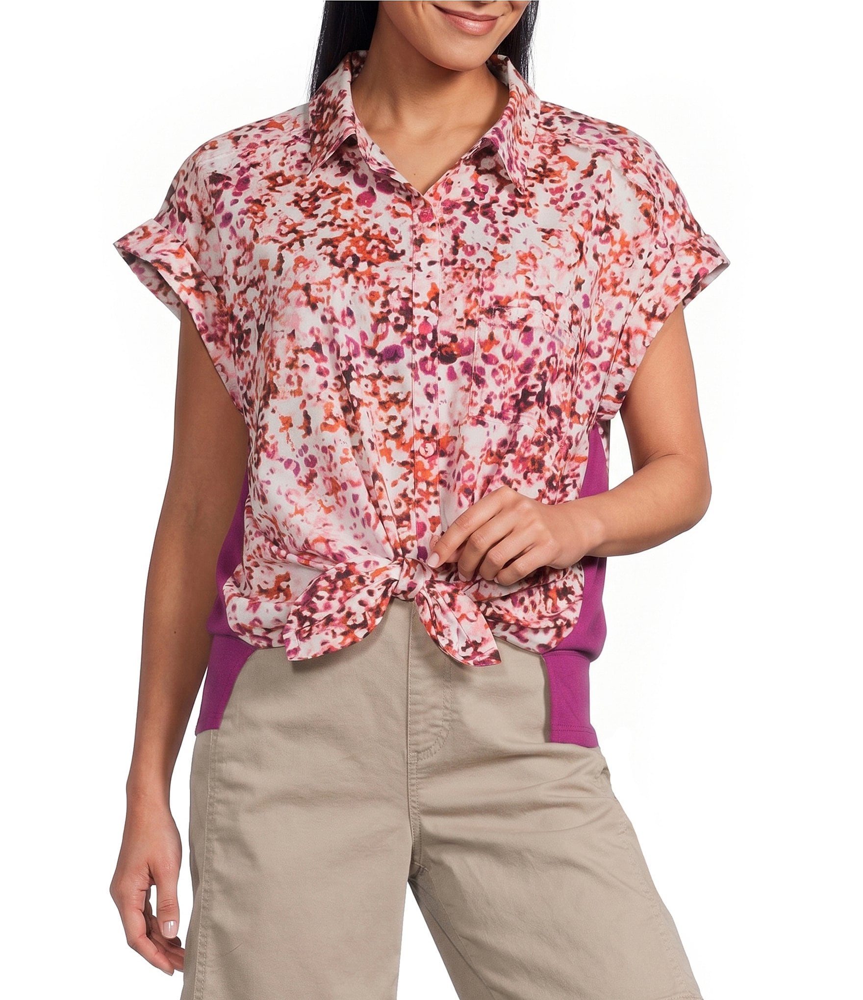 Westbound Ditsy Bloom Print Button Front Tie Hem Top