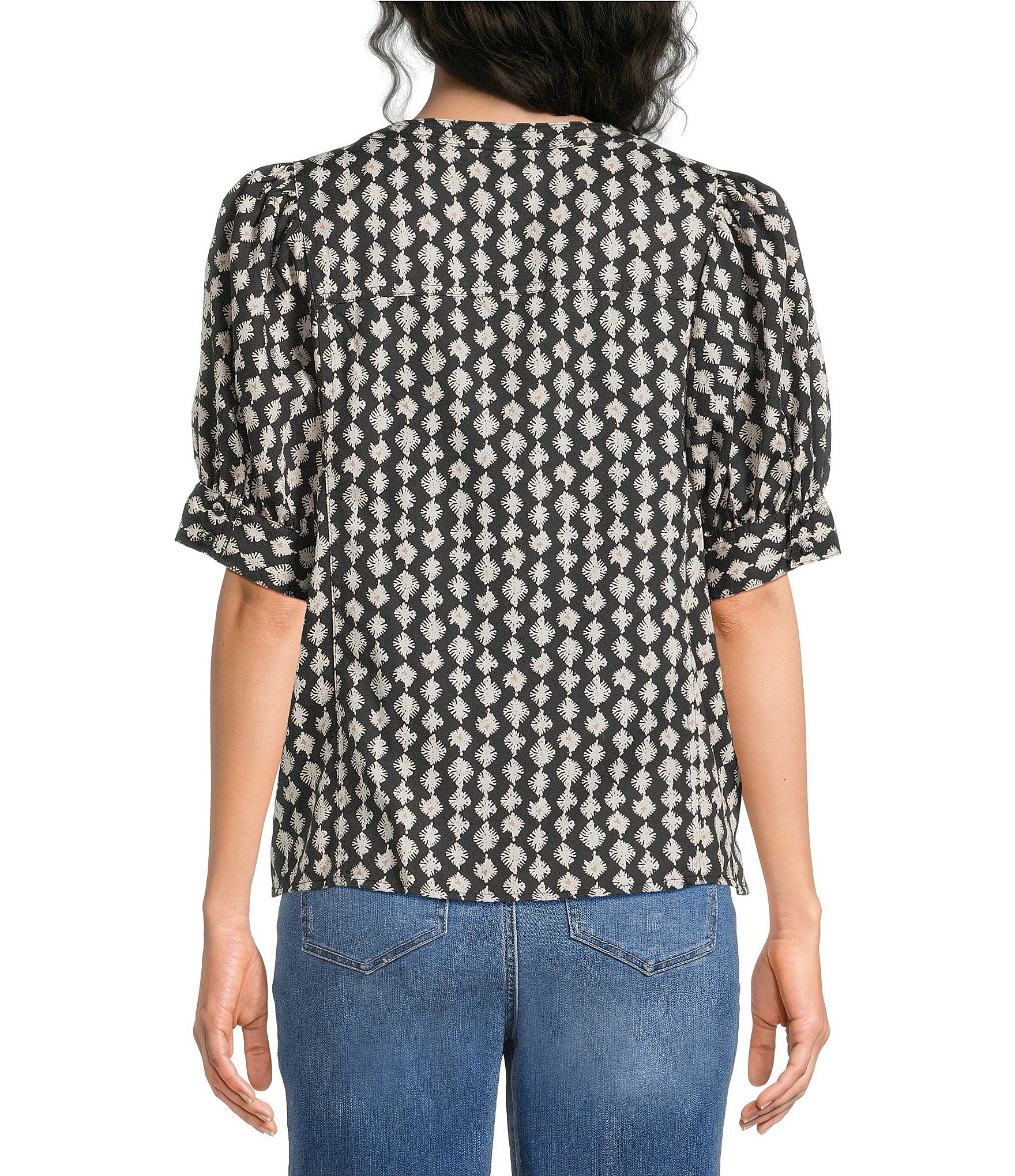 Westbound Elbow Sleeve Y-Neck Button Front Top