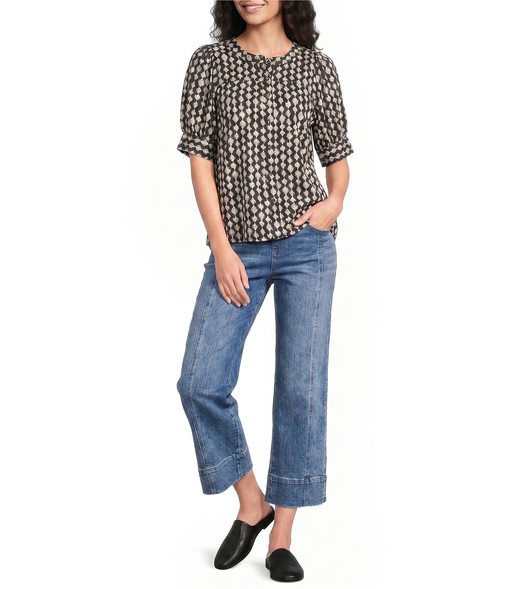 Westbound Elbow Sleeve Y-Neck Button Front Top