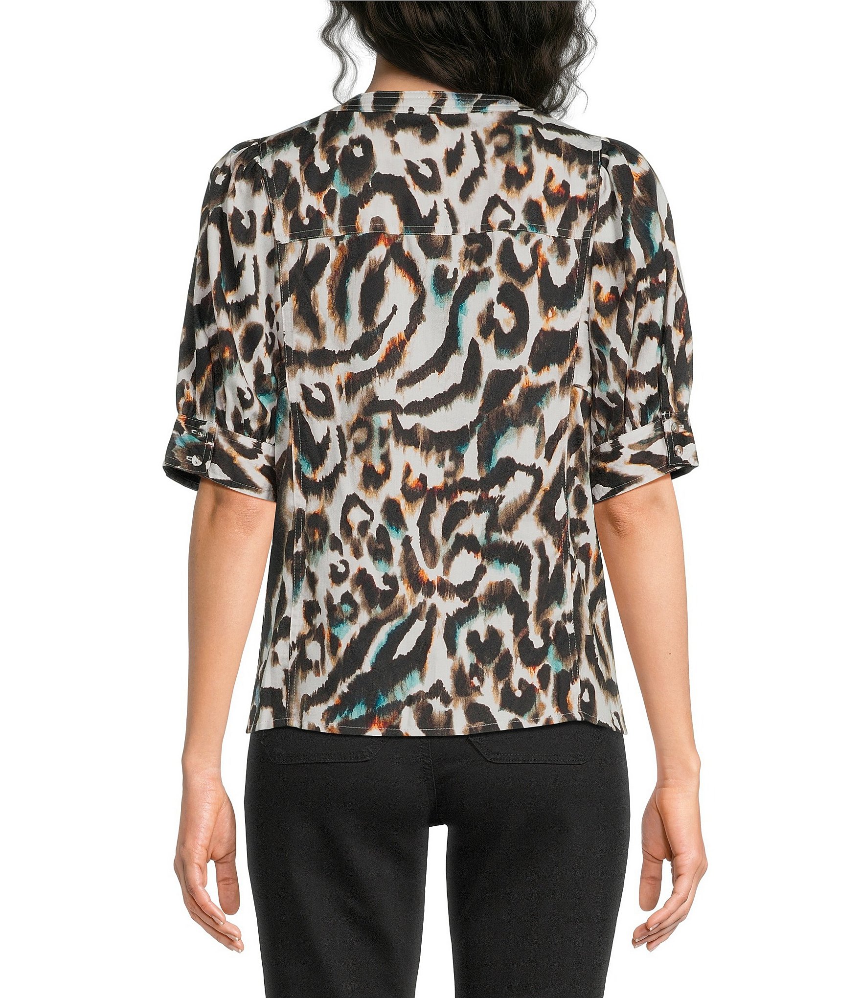 Westbound Elbow Sleeve Y-Neck Button Front Top