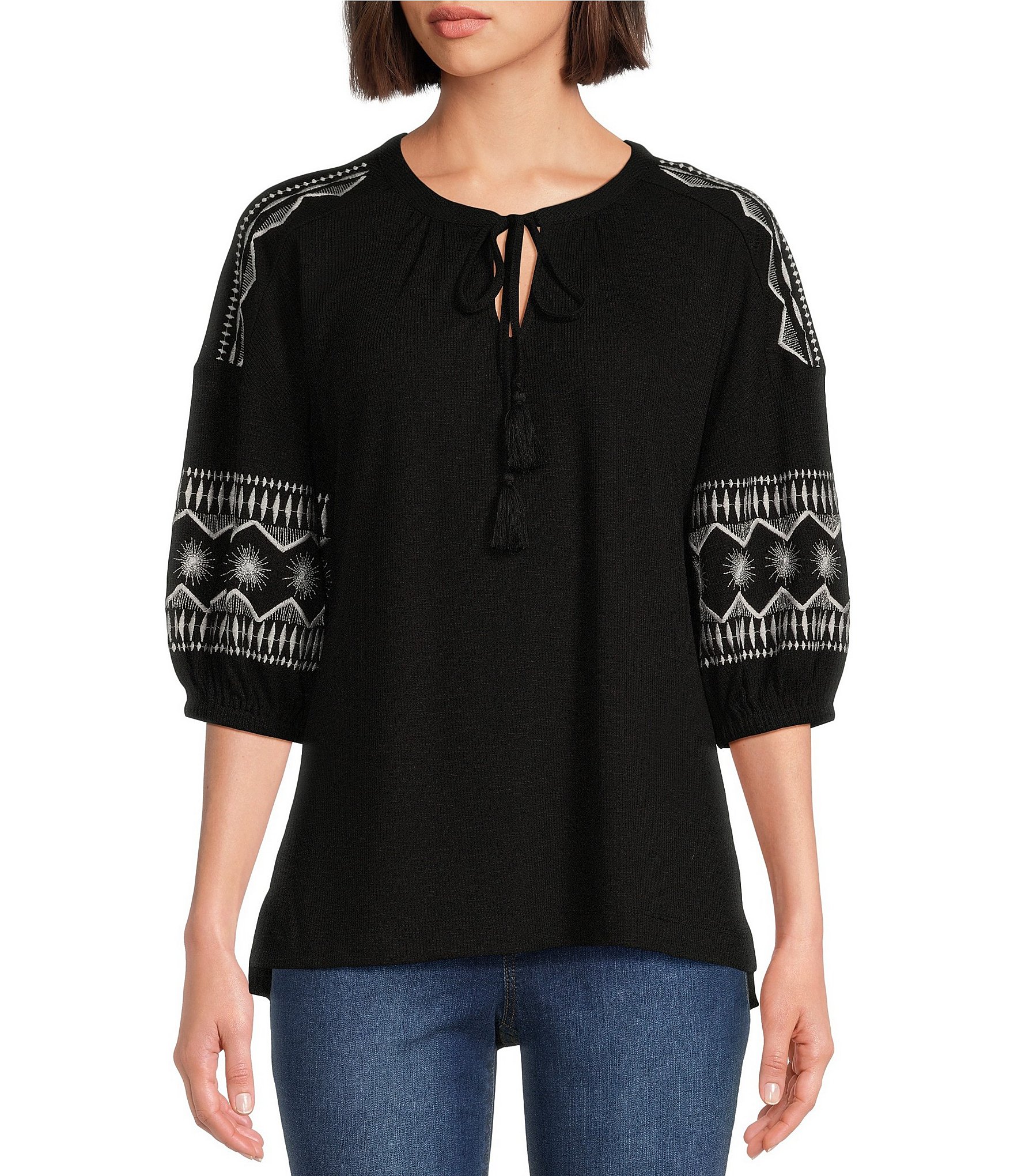 Westbound Embroidered 3/4 Sleeve V-Neck Top | Dillard's