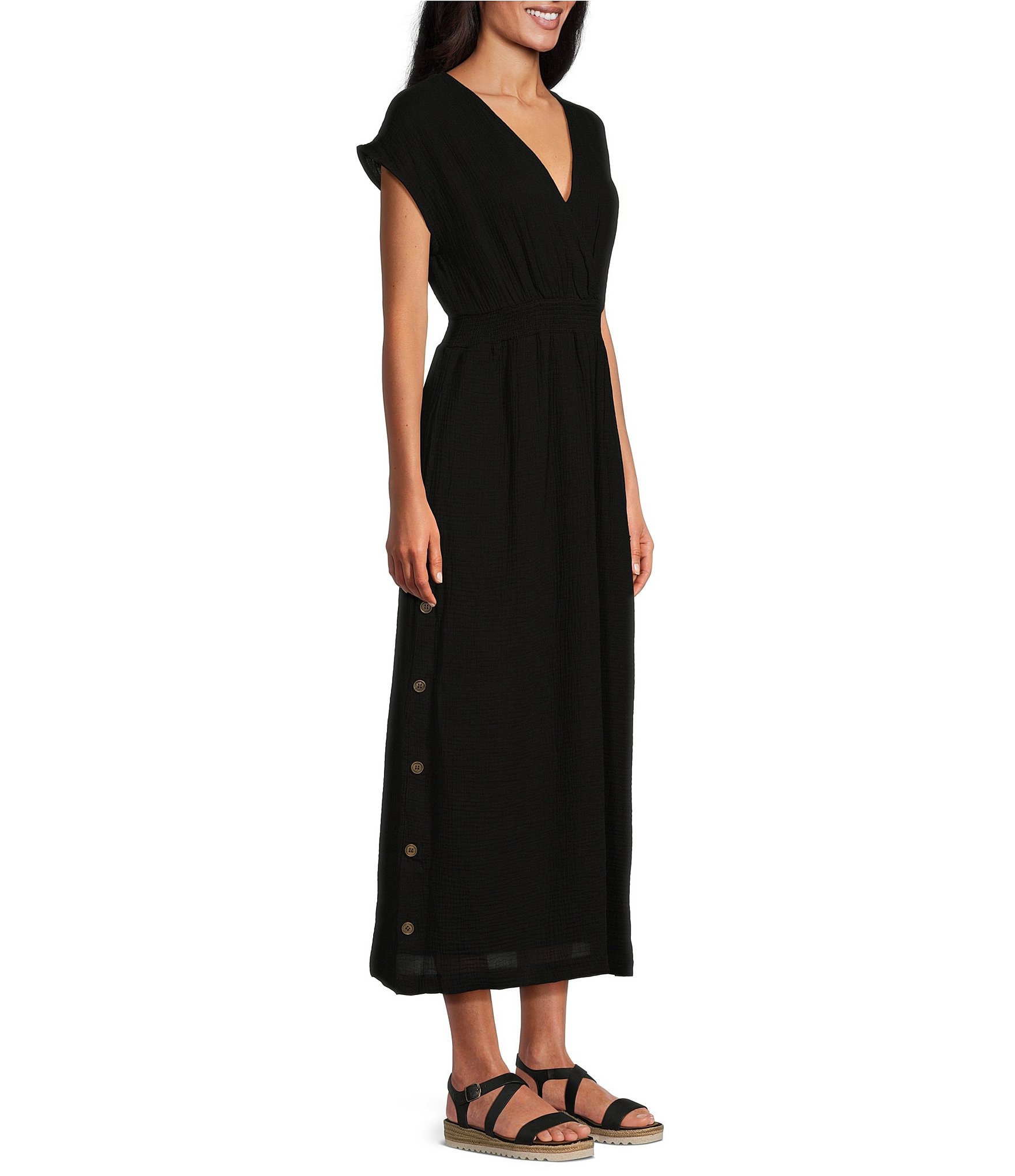 Westbound Faux Wrap Button Slit Smocked Waist Maxi Dress