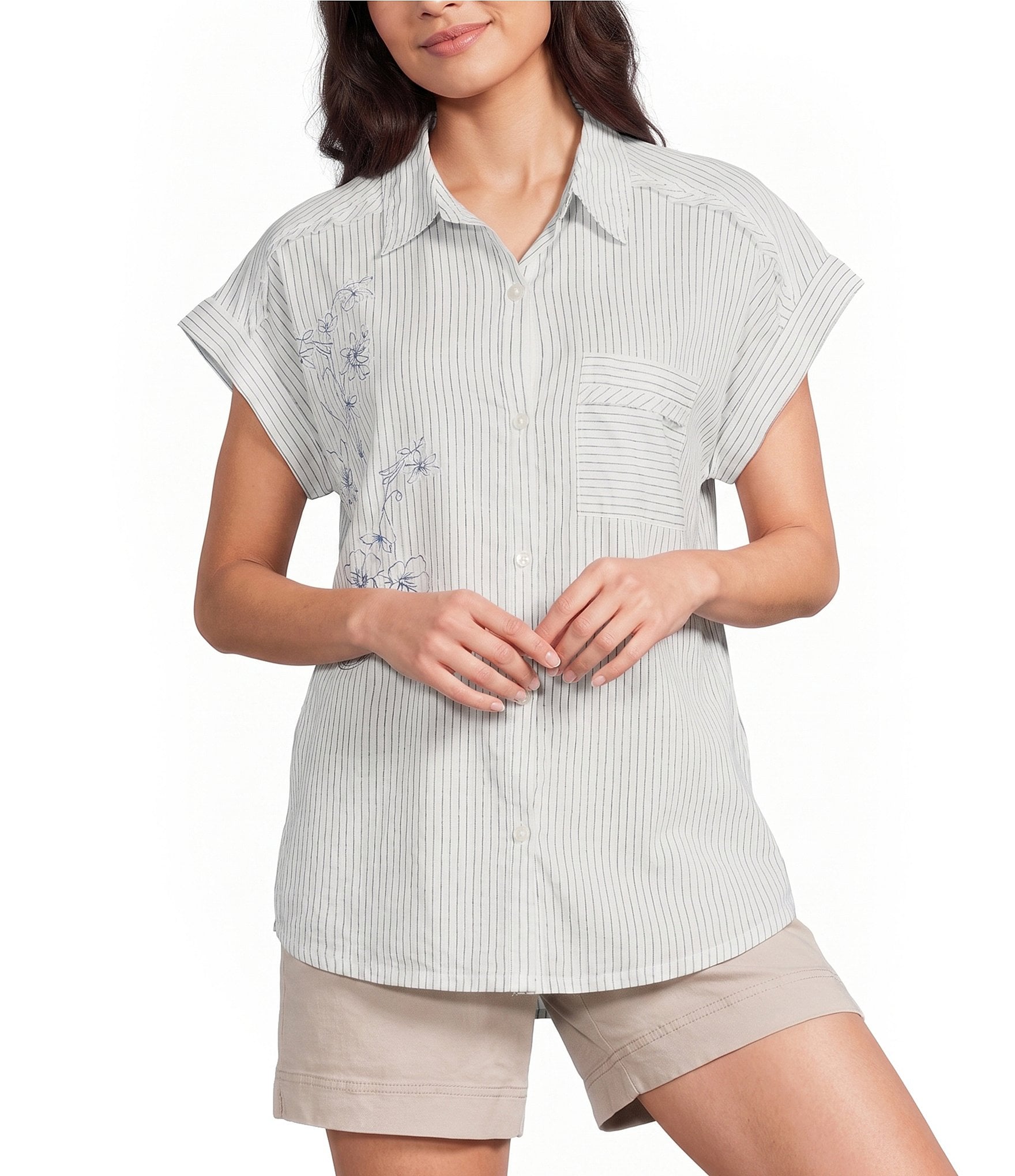 Westbound Floral Stripe Print Button Front Tie Hem Top