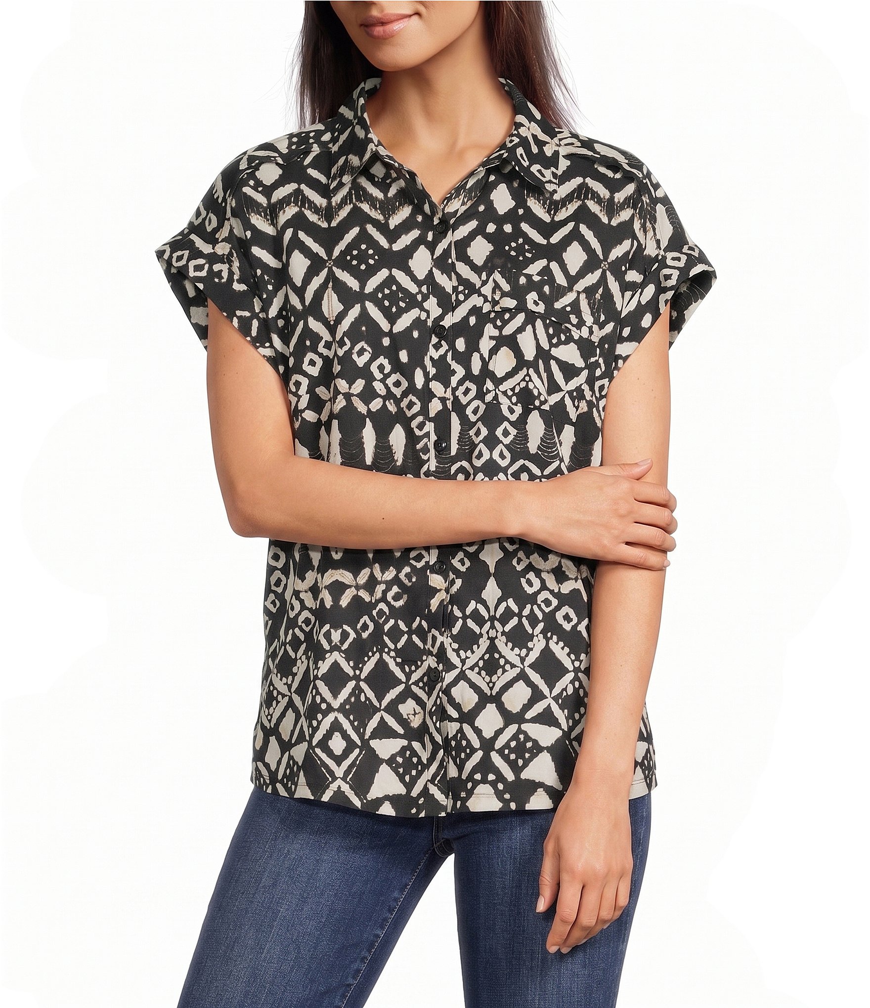 Westbound Ikat Stripe Print Button Front Tie Hem Top