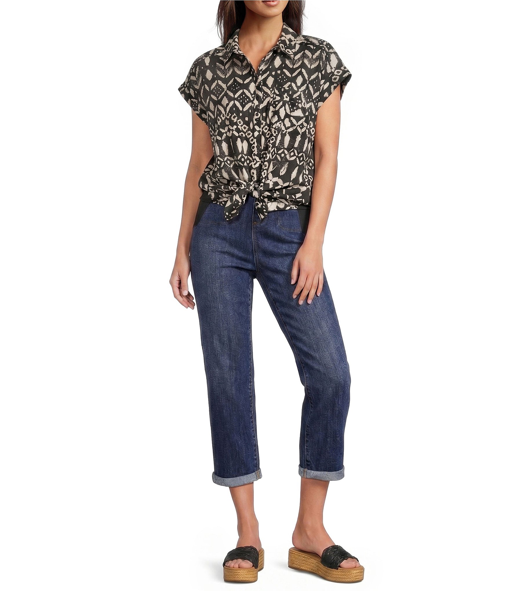Westbound Ikat Stripe Print Button Front Tie Hem Top