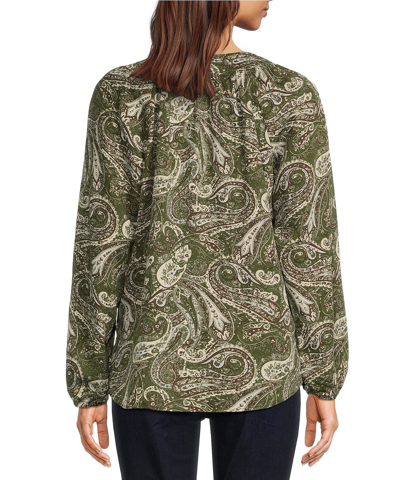 Westbound Ivy Arabesque Print Long Sleeve Split V-Neck Embroidered Top