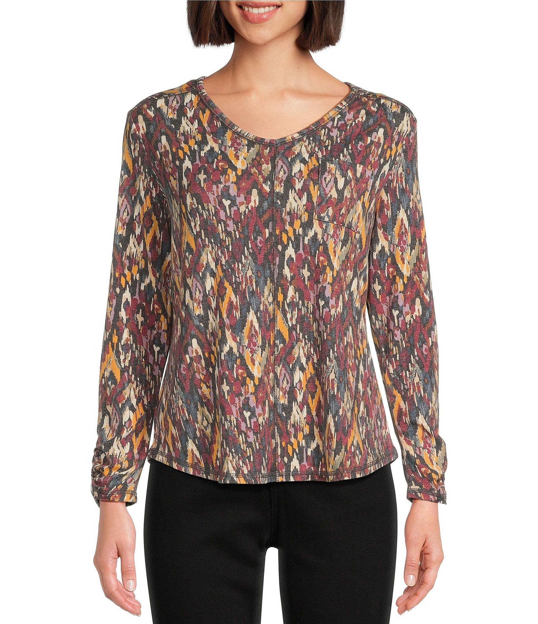 Westbound Knit Long Sleeve V-Neck Ruched Shirt | Dillard's
