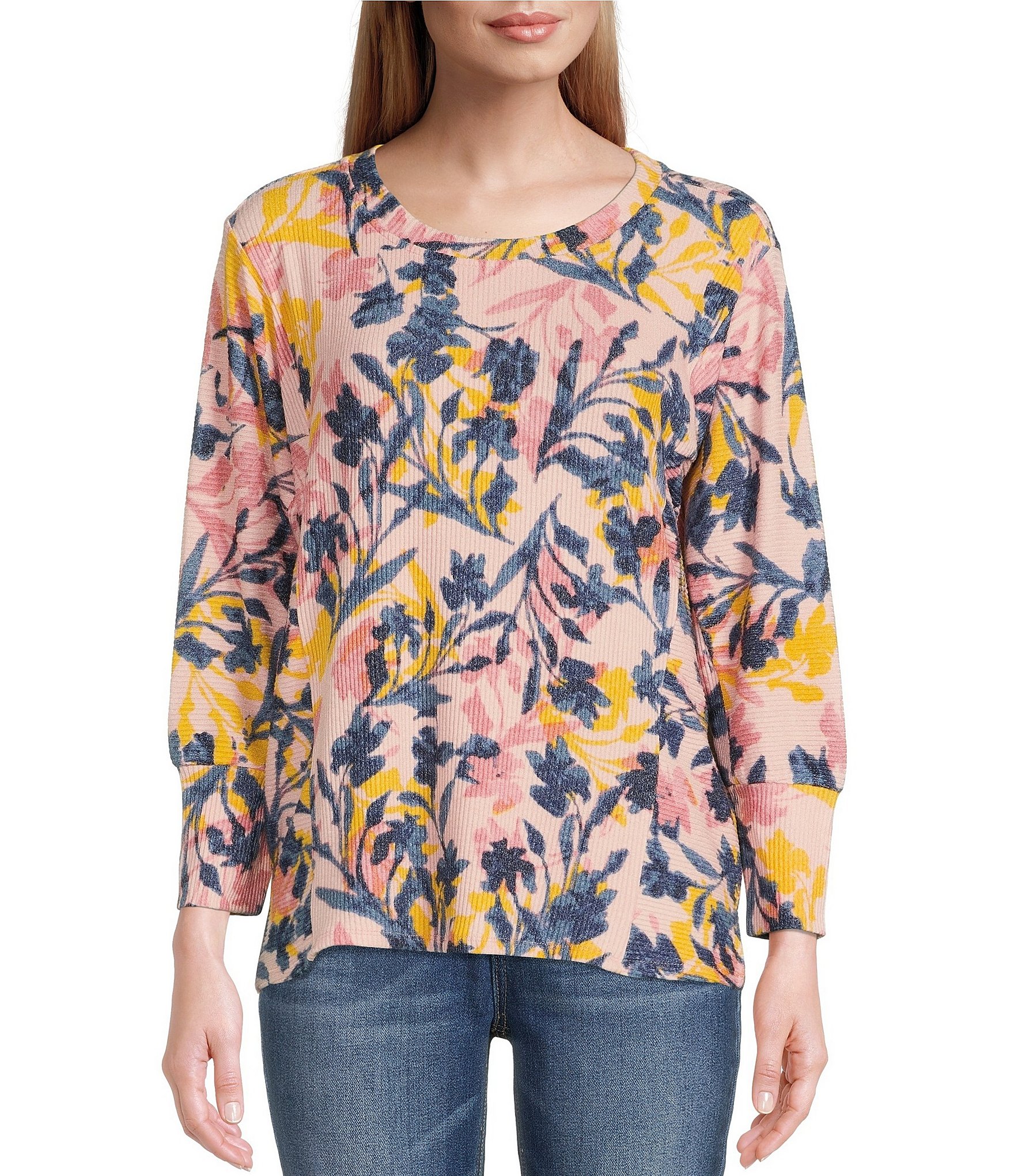 Westbound Long Dolman Sleeve Crew Neck Floral Print Knit Pullover ...