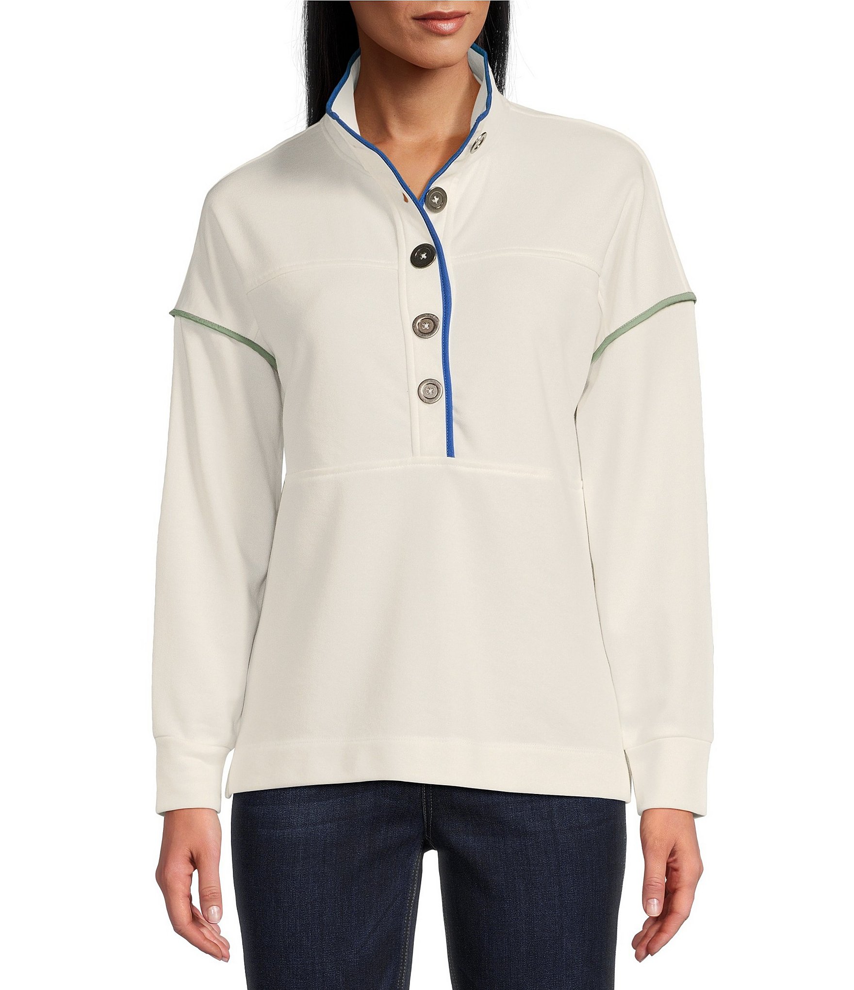 Westbound Long Sleeve Half Button Front Contrast Trim Top