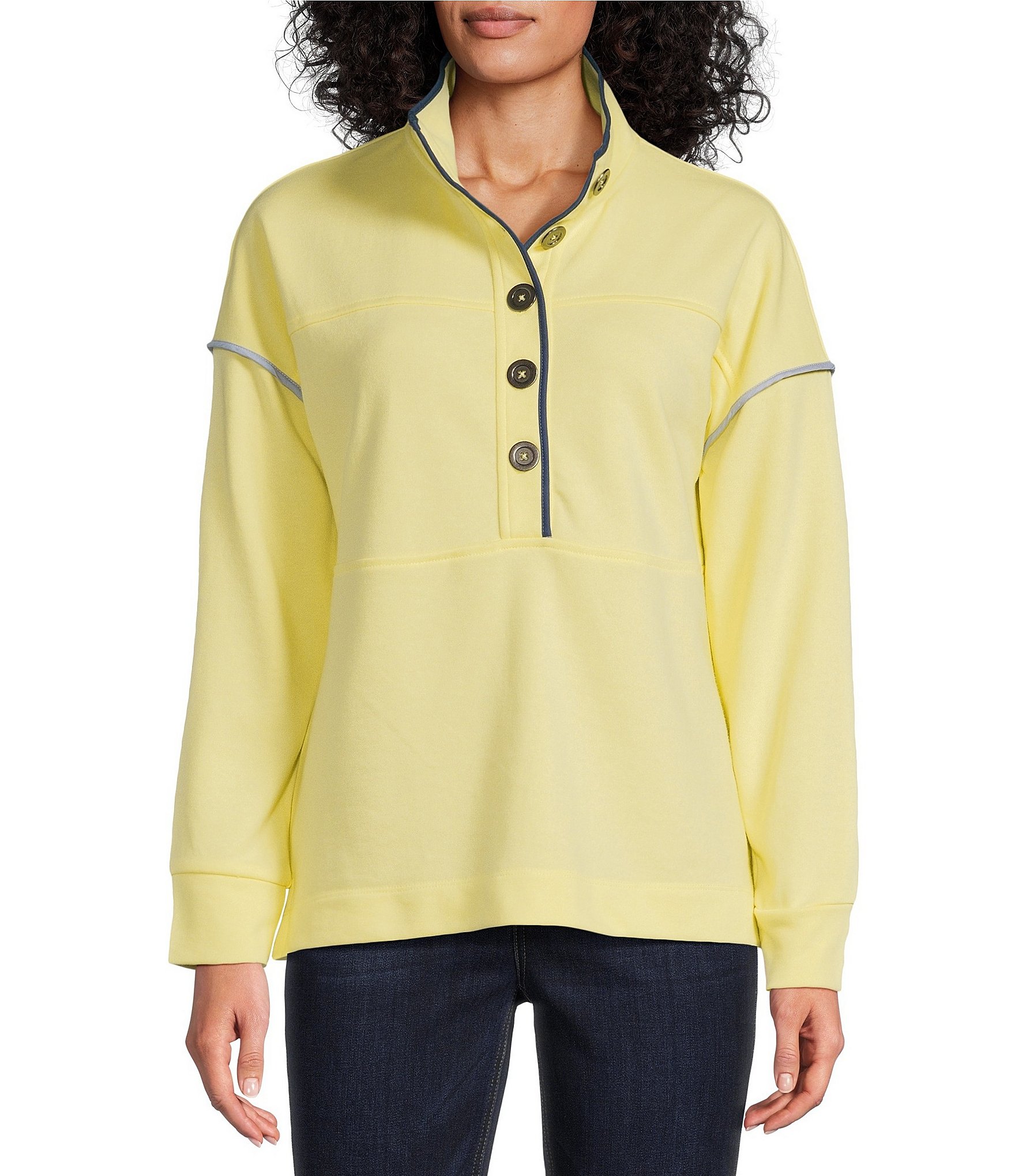 Westbound Long Sleeve Half Button Front Contrast Trim Top
