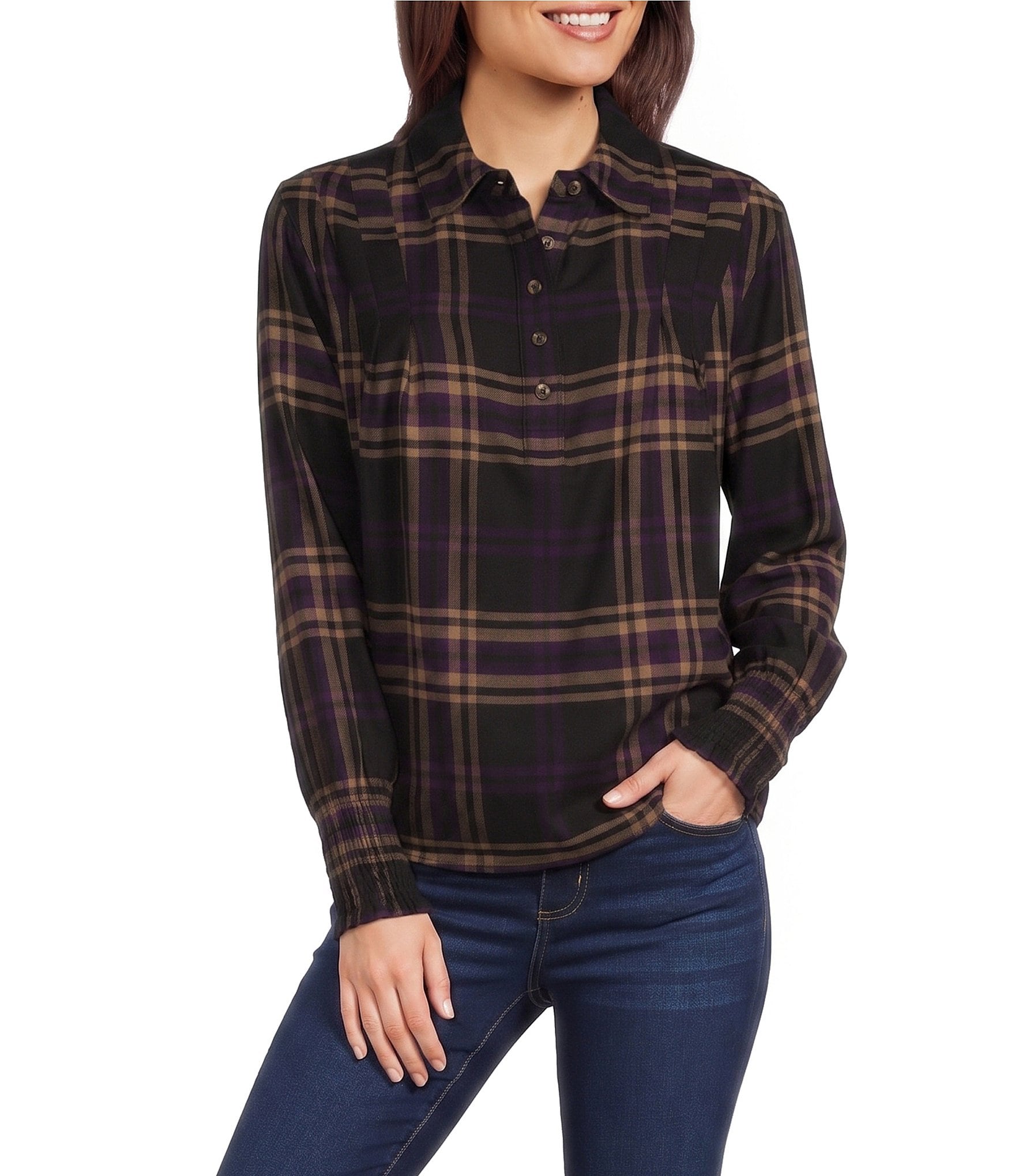 Westbound Long Sleeve Y-Neck Button Front Blouse