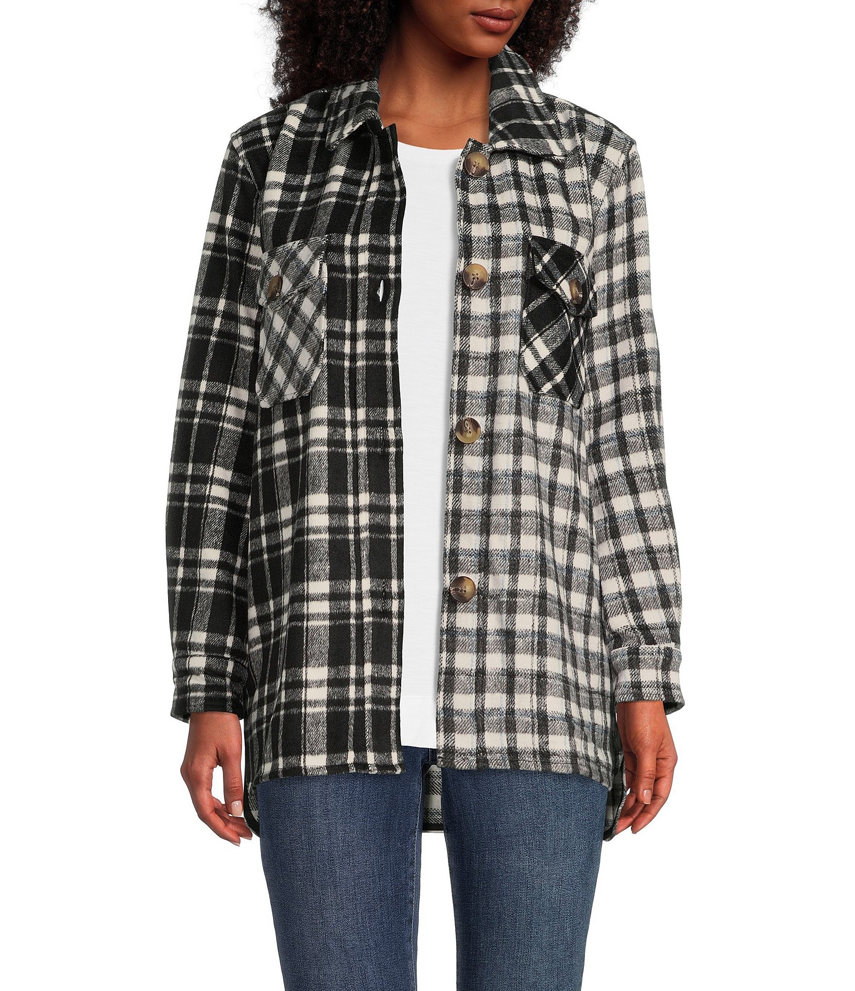 Westbound Mixed Plaid Print Flap Pocket Long Sleeve Point Collar Button ...
