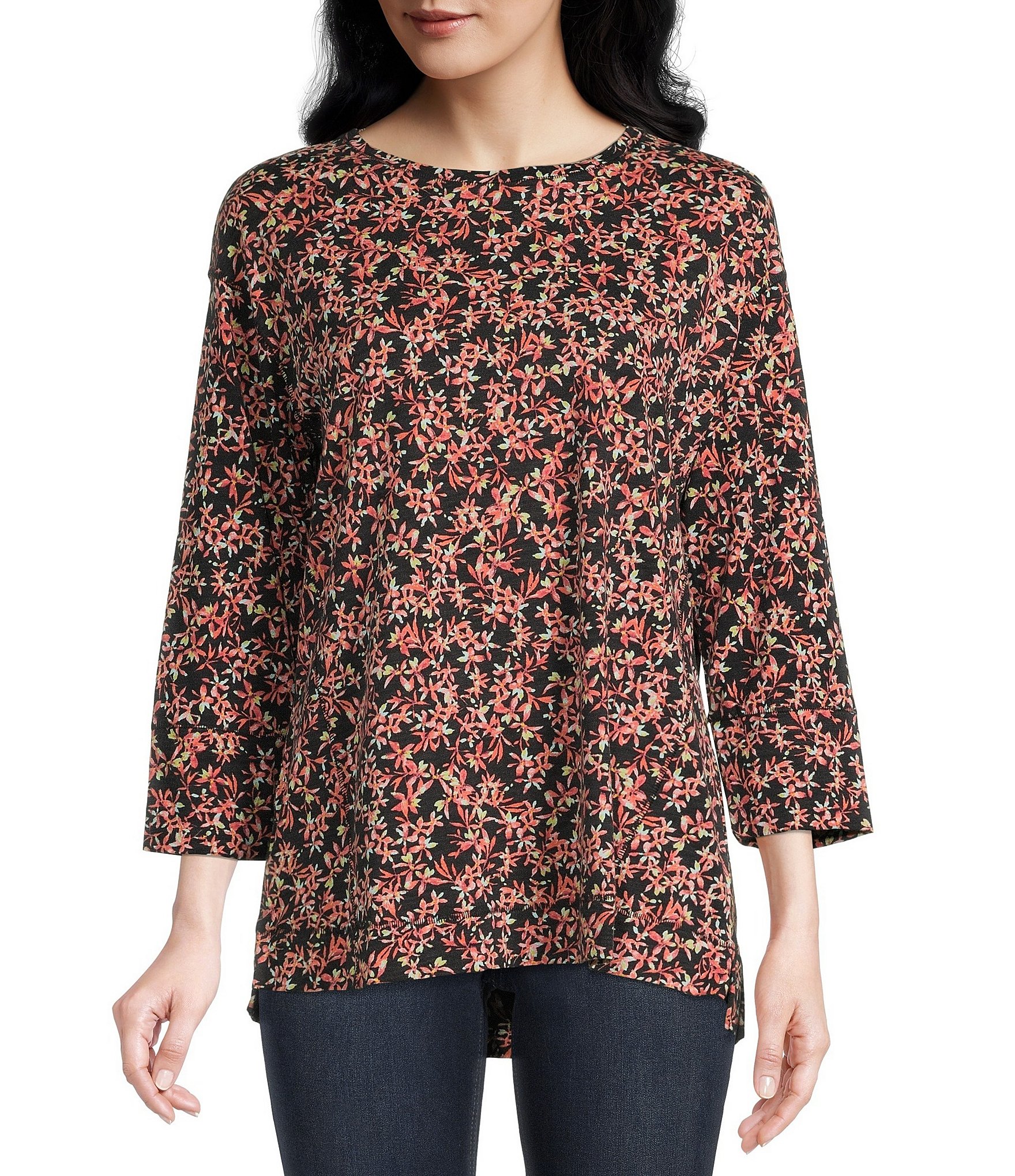 Westbound Multi Wisteria Print 3 4 Sleeve Crew Neck Side Slit Shirttail