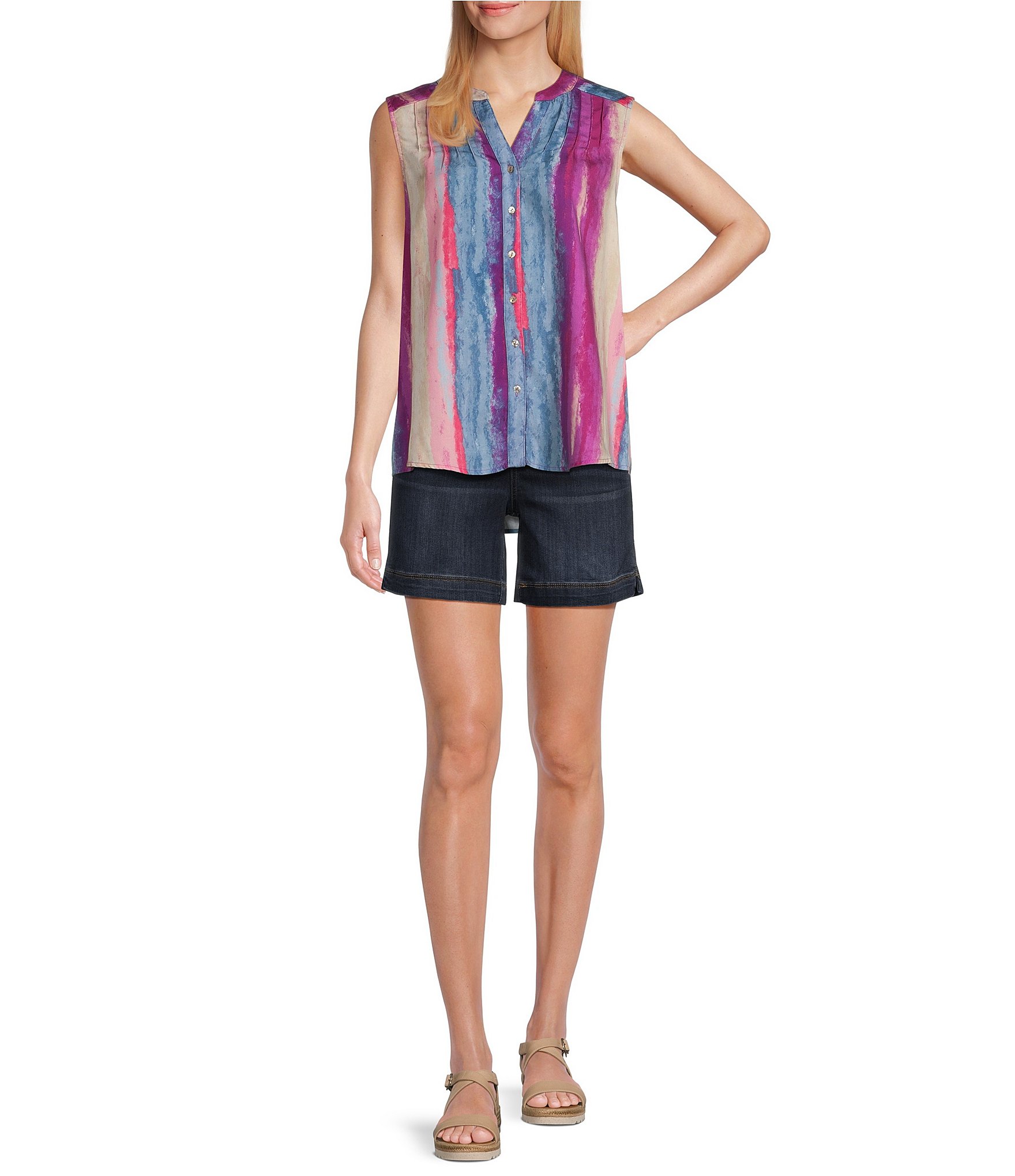 Westbound Painted Stripe Print Woven Sleeveless Button Front Blouse