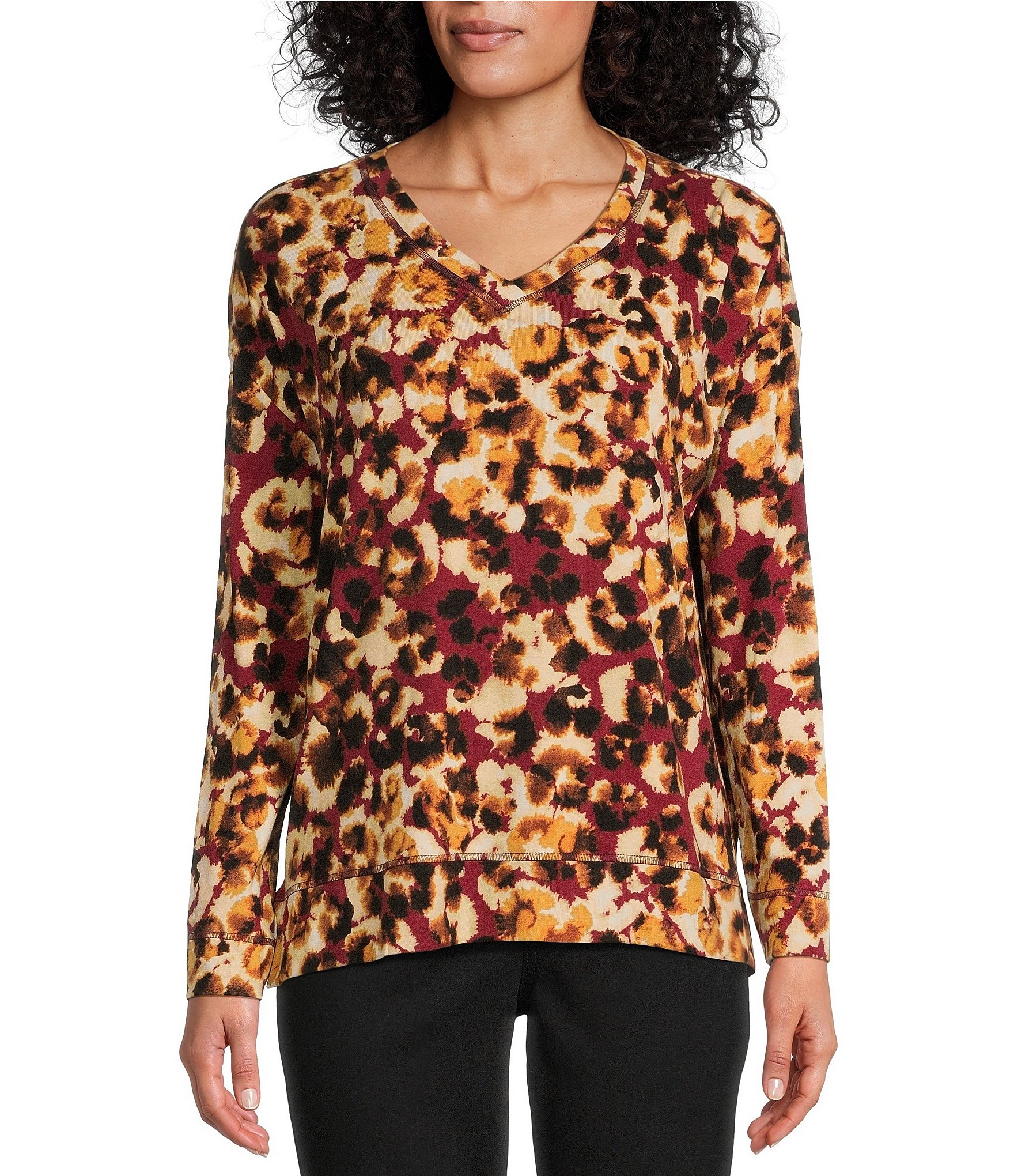 Westbound Painterly Animal Print Long Sleeve V-Neck Pullover Top ...