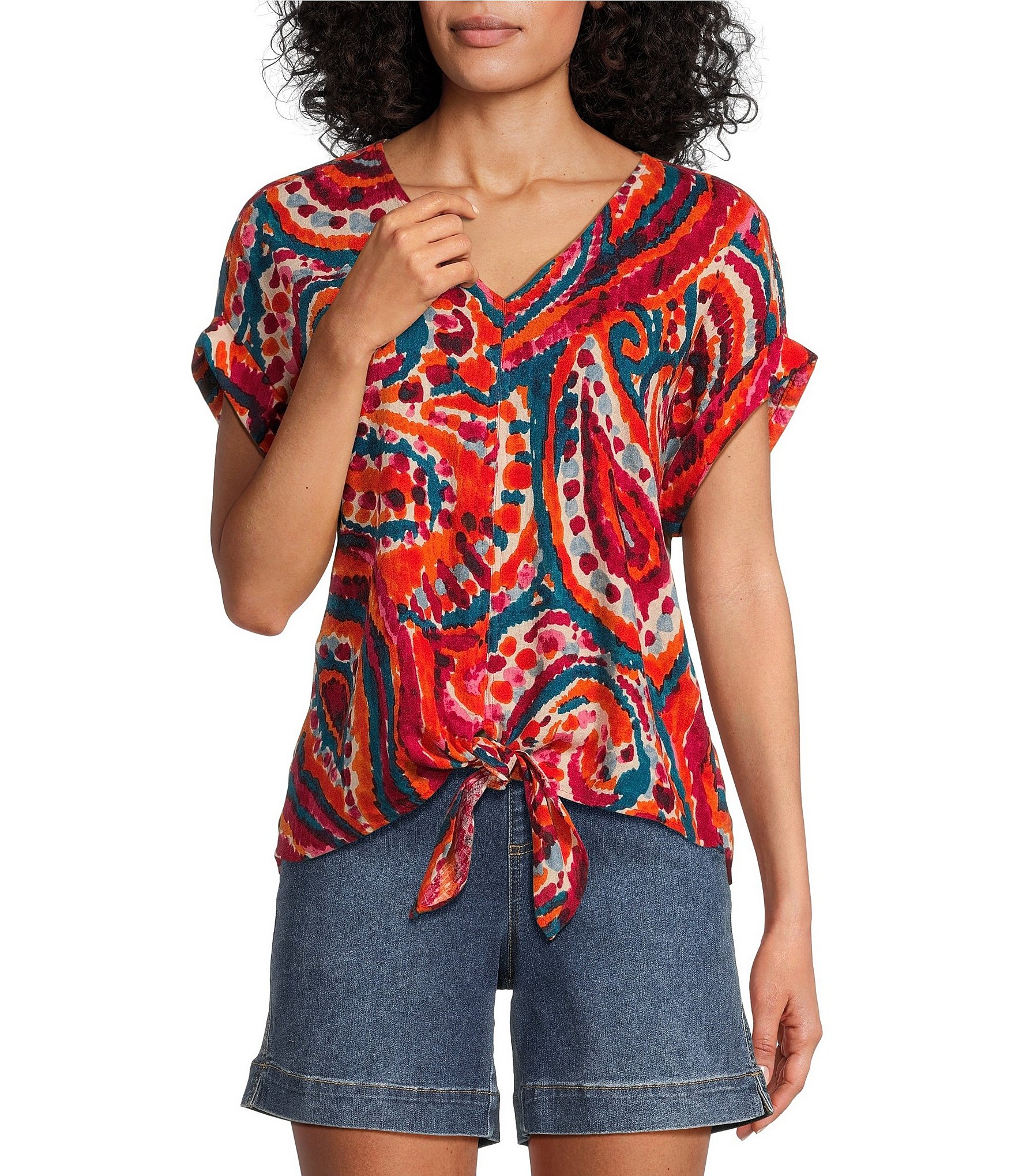 Westbound Paisley Overly Short Sleeve V-Neck Tie Front Top Westbound Paisley Overly Short Sleeve V-Neck Tie Front Top