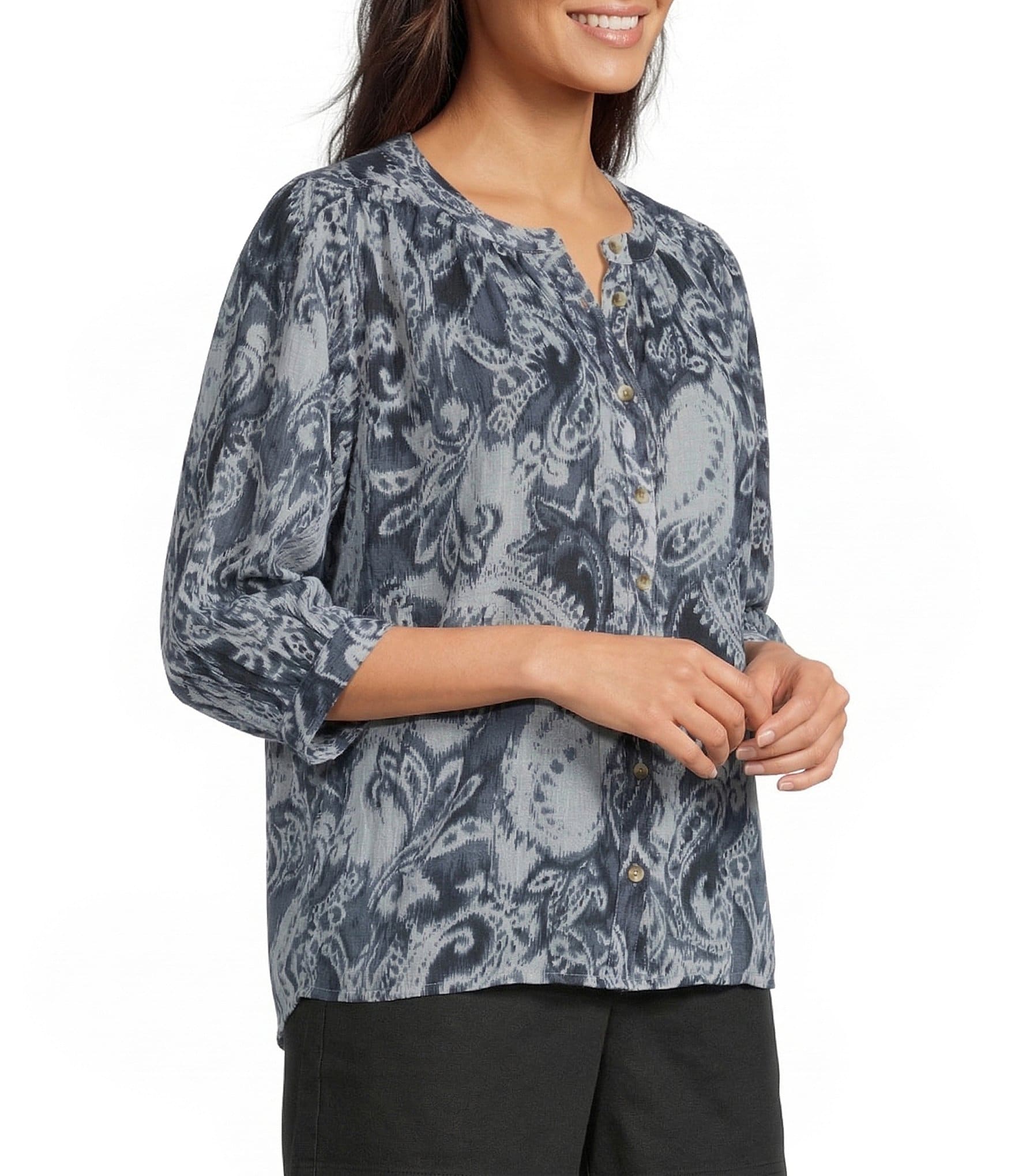 Westbound Paisley Swirl 3/4 sleeve Button Front Top