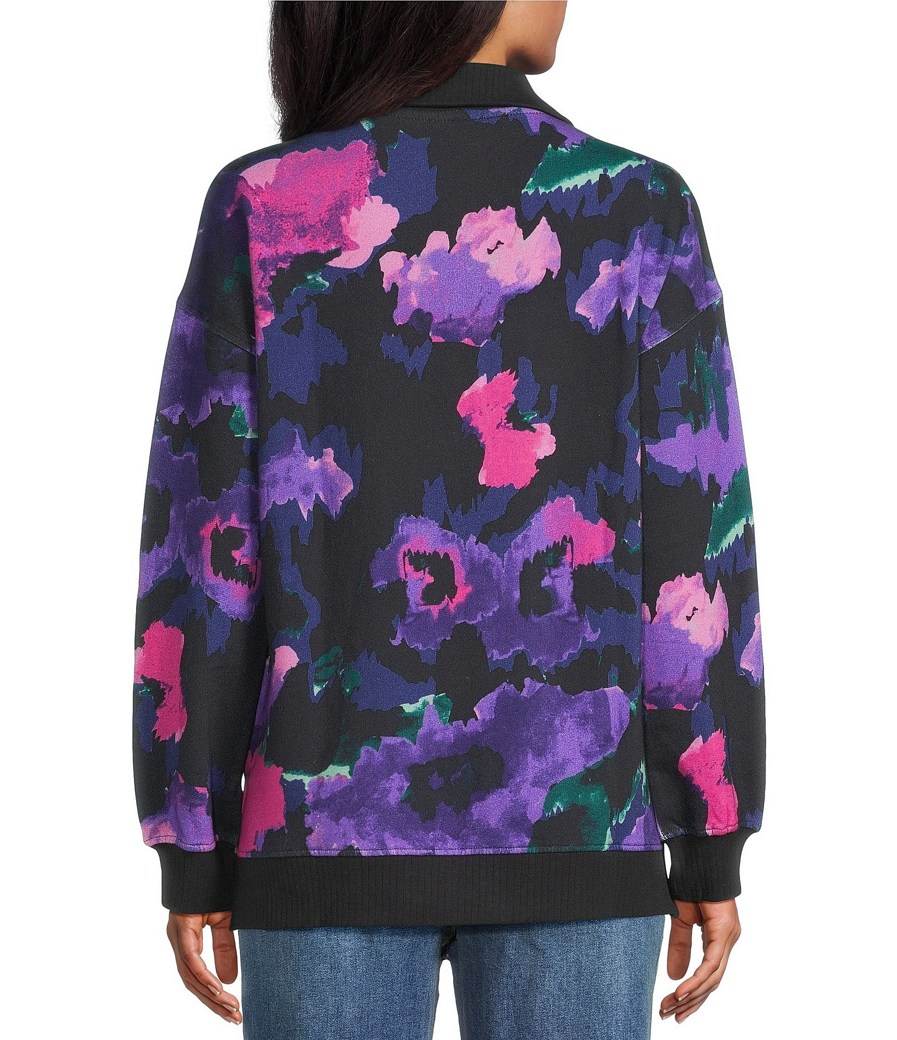 Westbound Petite Acai Brush Floral Long Sleeve Quarter Zip Pullover