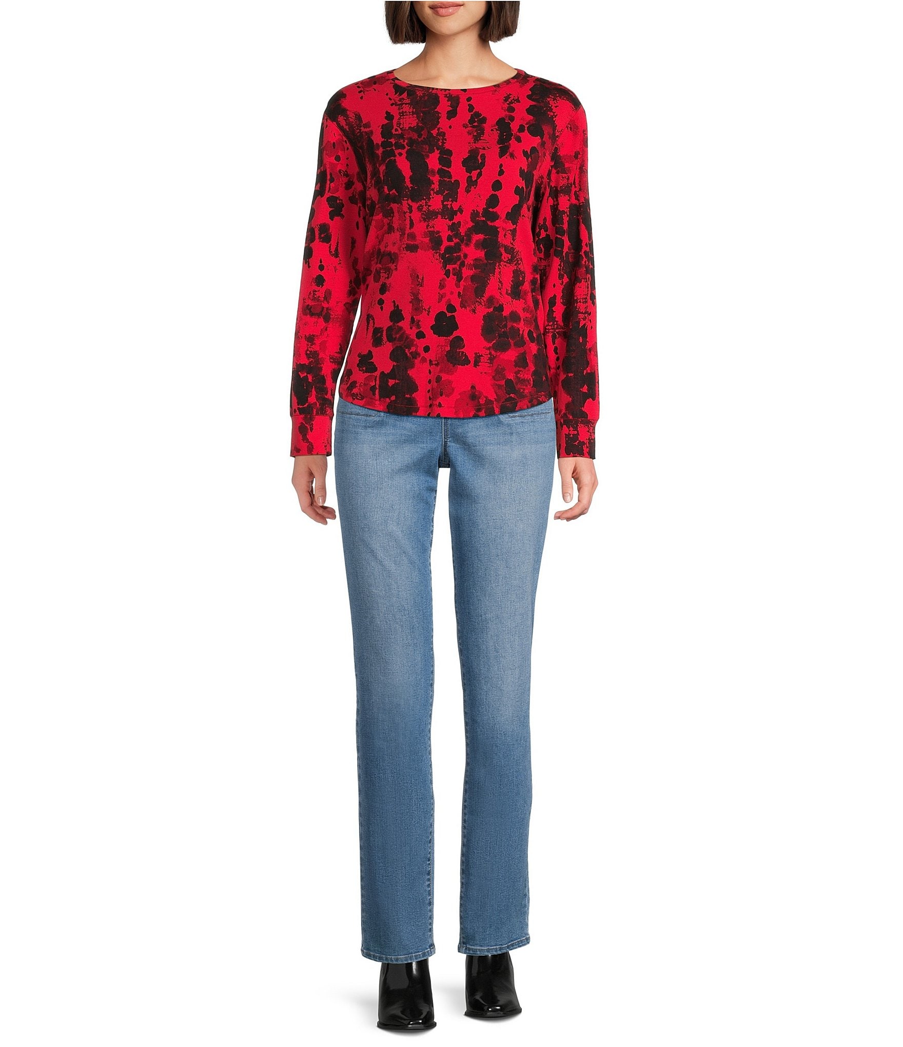 Westbound Petite Red Black Splatter Long Sleeve Crew Neck Pullover