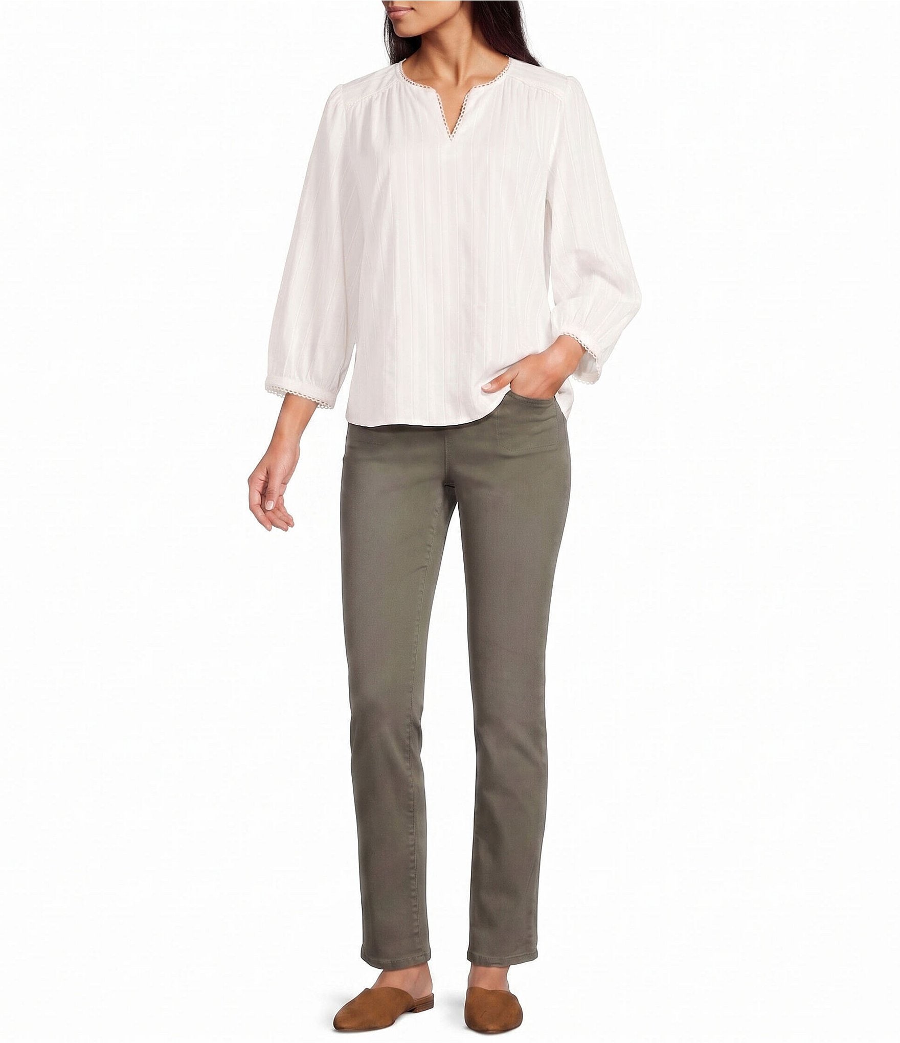 Westbound Petite Size 3/4 Sleeve V-Neck Woven Top