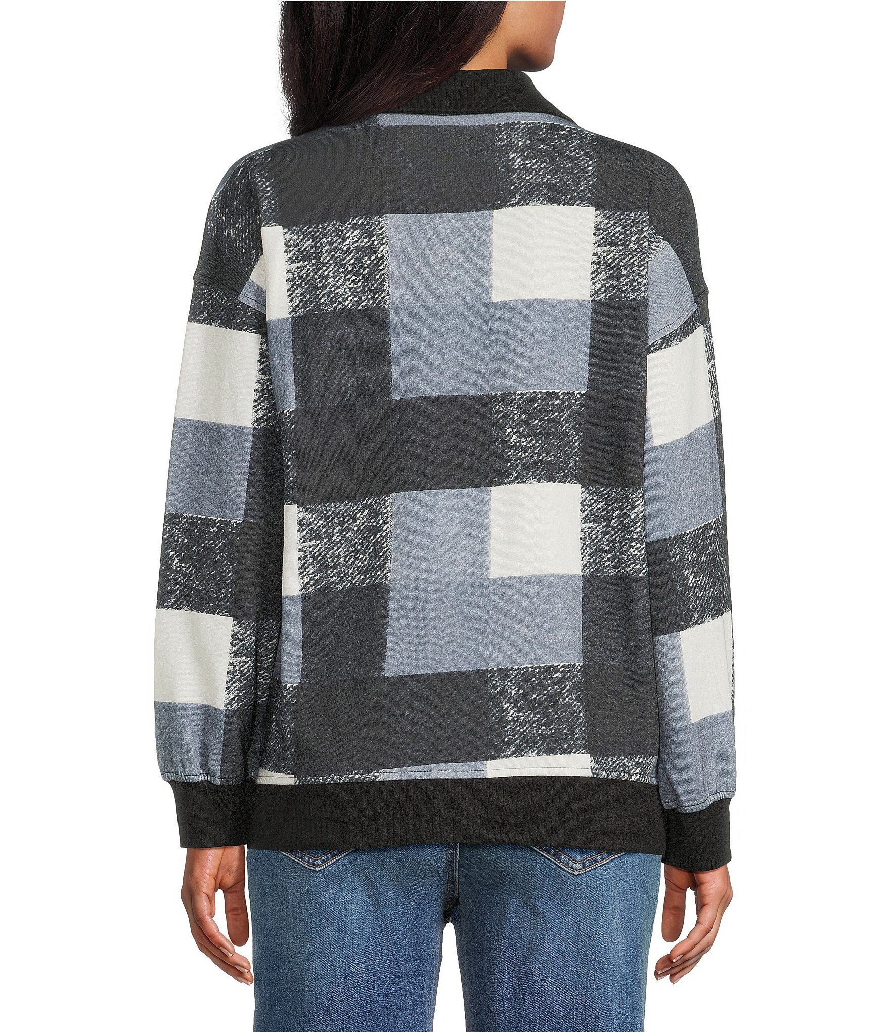 Westbound Petite Size Black White Textured Buffalo Long Sleeve Quarter Zip Pullover