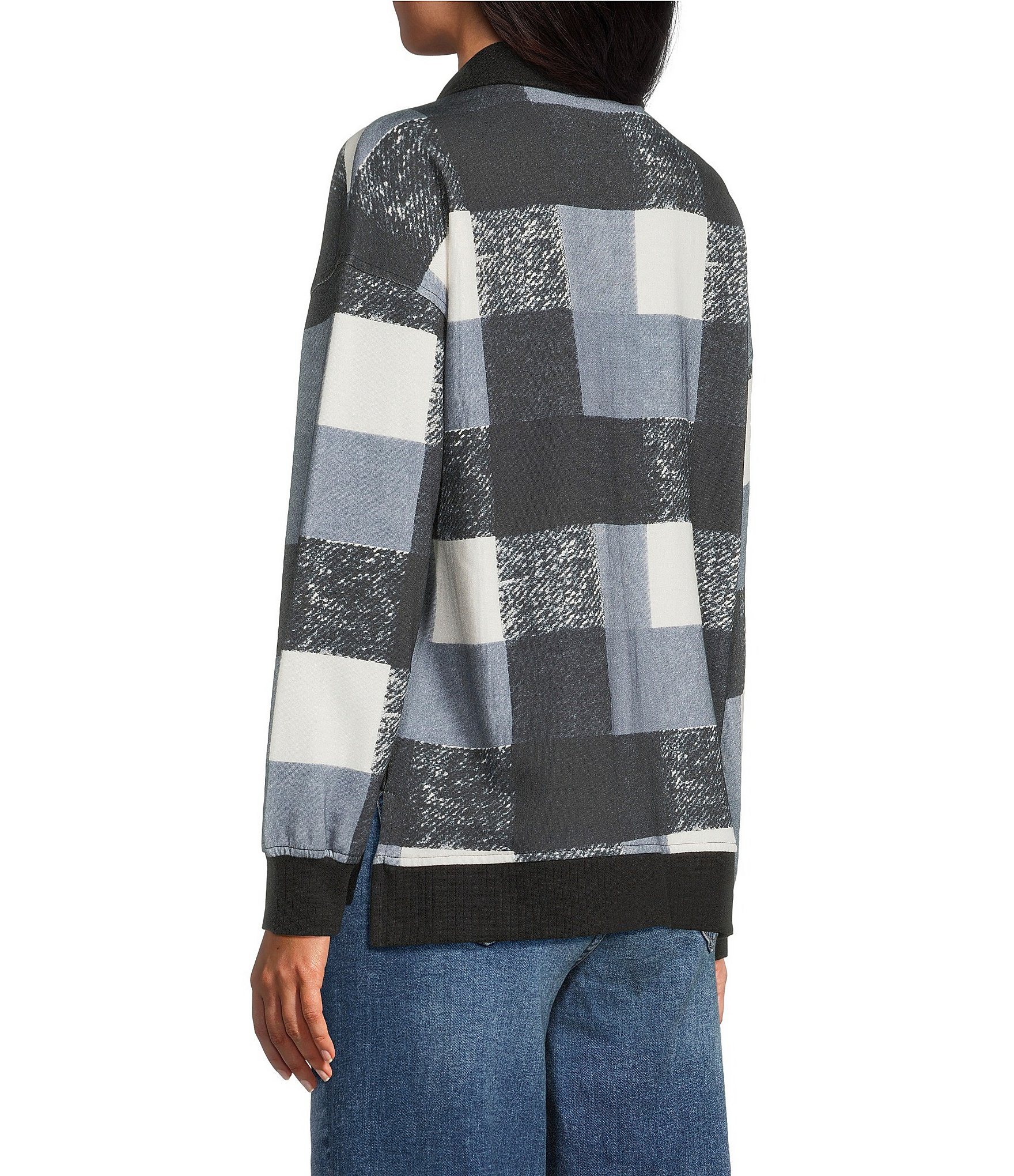 Westbound Petite Size Black White Textured Buffalo Long Sleeve Quarter Zip Pullover