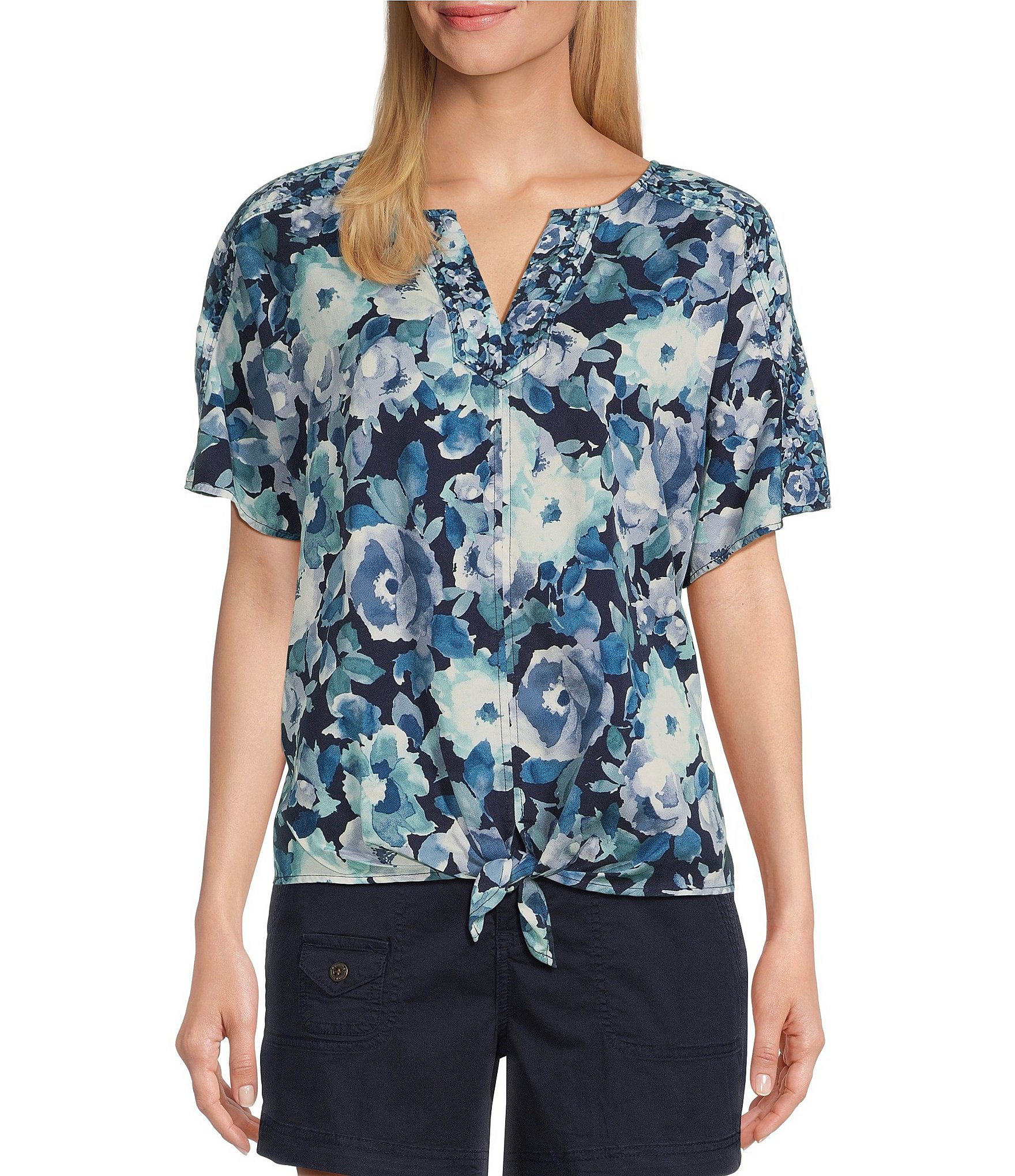 Westbound Petite Size Blue Tossed Bouquet Print Woven Short Sleeve